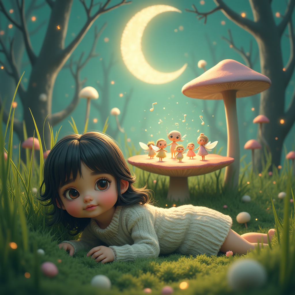 In foreground little girl with dark hair lay down trying to hide behind grass banking as she watches in a ring a group of faeries dancing to magical music in a forest., and Birthday Card