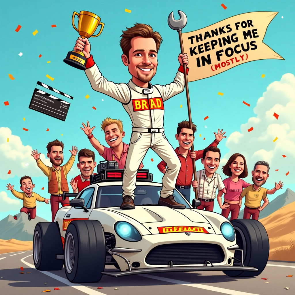 **Prompt for AI Image Generation:**

A cartoon-style image of a Brad Pitt lookalike wearing a slightly-too-shiny white racing suit with his name "BRAD" humorously emblazoned in bold letters across the chest. He’s striking an over-the-top heroic pose, holding a golden wrench like a trophy, standing atop a race car that’s comically overloaded with camera gear, snack wrappers, and duct tape. Behind him is a proud, scruffy location team of caricatured crew members (one holding a boom mic like a spear, another riding a golf cart like a chariot), all waving back with big cheesy grins. Above them, a banner flaps in the wind reading: “THANKS FOR KEEPING ME IN FOCUS (Mostly)!” Confetti rains down, and a clapperboard flies mid-air for comic effect. The scene should be colorful, lighthearted, and packed with funny little background details like a coffee-fueled intern asleep on a sandbag.
Generated with these themes: Brad Pitt in a white race suit saying thank you to his favourite location team.
Made with ❤️ by AI.