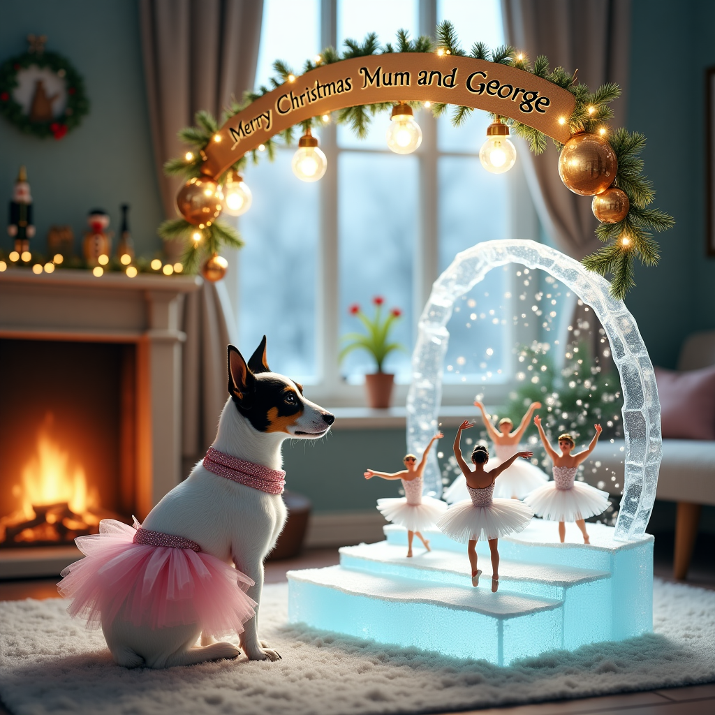 In the heart of a cozy living room transformed into a whimsical winter wonderland, a Jack Russell Terrier, donned in a pink tutu with sparkly sequins, sits attentively at the foot of a grand stage. The dog’s ears are perked, eyes wide with fascination as it watches a miniature ballet performance of "Swan Lake" unfold. The stage is crafted from shimmering ice, reflecting twinkling fairy lights hanging above. Delicate, intricately dressed ballet dancers in white, their tutus sprinkled with glistening snowflakes, perform graceful pirouettes and leaps, their movements mirroring the elegance of the swans they portray. Above this charming scene, a banner arches across the top of the card, artfully intertwined with holly and golden bells. The banner reads "Merry Christmas Mum and George," with the text resembling frosty writing on a winter windowpane. In the background, a fireplace crackles warmly, its mantle adorned with festive garlands and miniature nutcracker figures. Snow gently falls outside the window, visible through the frosted panes, creating a serene backdrop for this delightful holiday tableau.
Generated with these themes: Jack Russel dog wearing a tutu watching ballet dancers perform swan lake, and Banner with Merry Christmas Mum and George.
Made with ❤️ by AI.