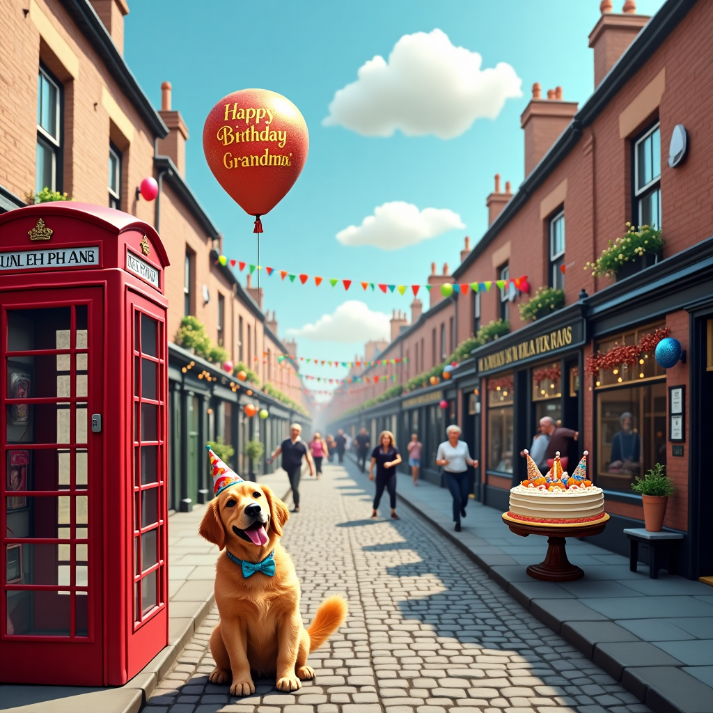 The scene unfolds in the iconic cobblestone streets of Coronation Street, reimagined with a whimsical twist for Sheila/Grandma's birthday. In the foreground, a lively golden retriever, adorned with a tiny party hat and a colorful bow tie, is seen wagging its tail joyfully next to a vintage red British phone box. The dog is playfully pulling on a string attached to a large helium balloon that has drifted upwards, with the words "Happy Birthday Sheila/Grandma" emblazoned across it in sparkling, golden letters. Nearby, the famous Rovers Return Inn is festooned with bunting and fairy lights, with a banner stretching across the pub's entrance that reads "Cheers to Sheila/Grandma!" In the background, the iconic terraced houses are adorned with festive decorations: bright streamers, multi-colored balloons, and a giant birthday cake placed on a small table in front of one of the houses. On top of the cake, tiny icing figures of Sheila/Grandma and the dog are depicted celebrating together. Overhead, fluffy clouds in the shape of birthday hats drift lazily in a bright blue sky, adding a touch of humor to the scene. The entire street buzzes with energy as neighbors lean out of their windows, waving and holding party poppers, ready to celebrate this special day.
Generated with these themes: Coronation Street, Dog, and Birthday.
Made with ❤️ by AI.