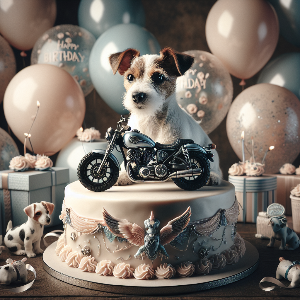 Generate an image illustrating a solemn birthday theme. The central figure of the scene should be a speckled Jack Russell terrier, adorably perched atop a polished motorbike. This centerpiece should be surrounded by delicate, hand-painted balloons and streamers softly draped in the backdrop. In the foreground should be a meticulously crafted birthday cake, alluringly detailed with delicate icing and a small replica of a motorbike at its summit. The overall ambiance should emanate a sense of serene zest for celebration.
Generated with these themes: Motorbike, Cake, and Jack russell.
Made with ❤️ by AI.