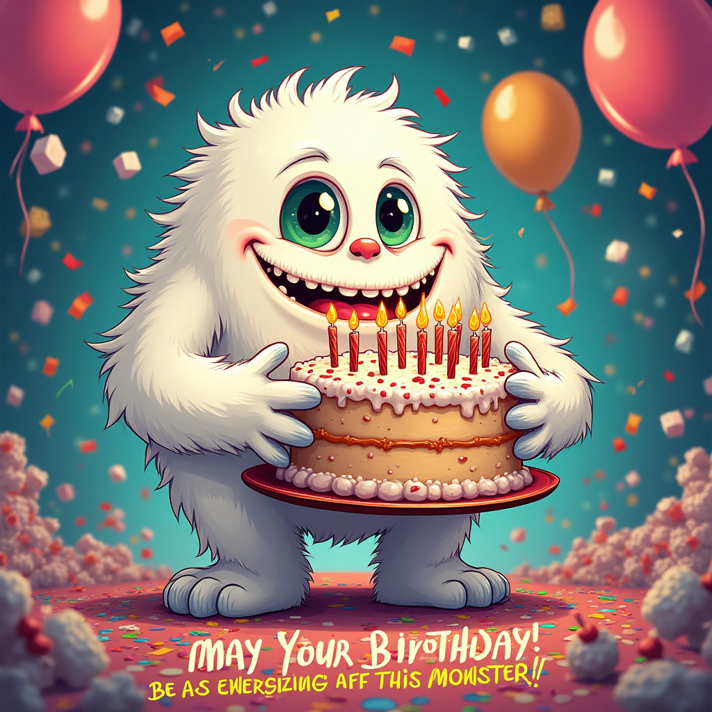 At the top of the Cartoon Style image, include the text "Happy birthday Cedric".

---

**Image Description:**

Create a whimsical and playful scene where a white, fluffy cartoon monster resembling the Monster Energy Zero Sugar can is holding an oversized birthday cake with an absurd number of candles. The monster has big googly eyes and a cheeky grin, with exaggerated hands and feet, standing in a vibrant, colorful world filled with confetti and balloons. The background is an explosion of bright colors with swirling patterns and comically large sugar cubes dancing around. The monster's tongue is sticking out, teasingly trying to lick the frosting off the cake.

At the bottom of the image, add the text in a bold, quirky font: "May your birthday be as energizing as this Monster!"
Generated with these themes: White monster energy zero sugar, and .
Made with ❤️ by AI.