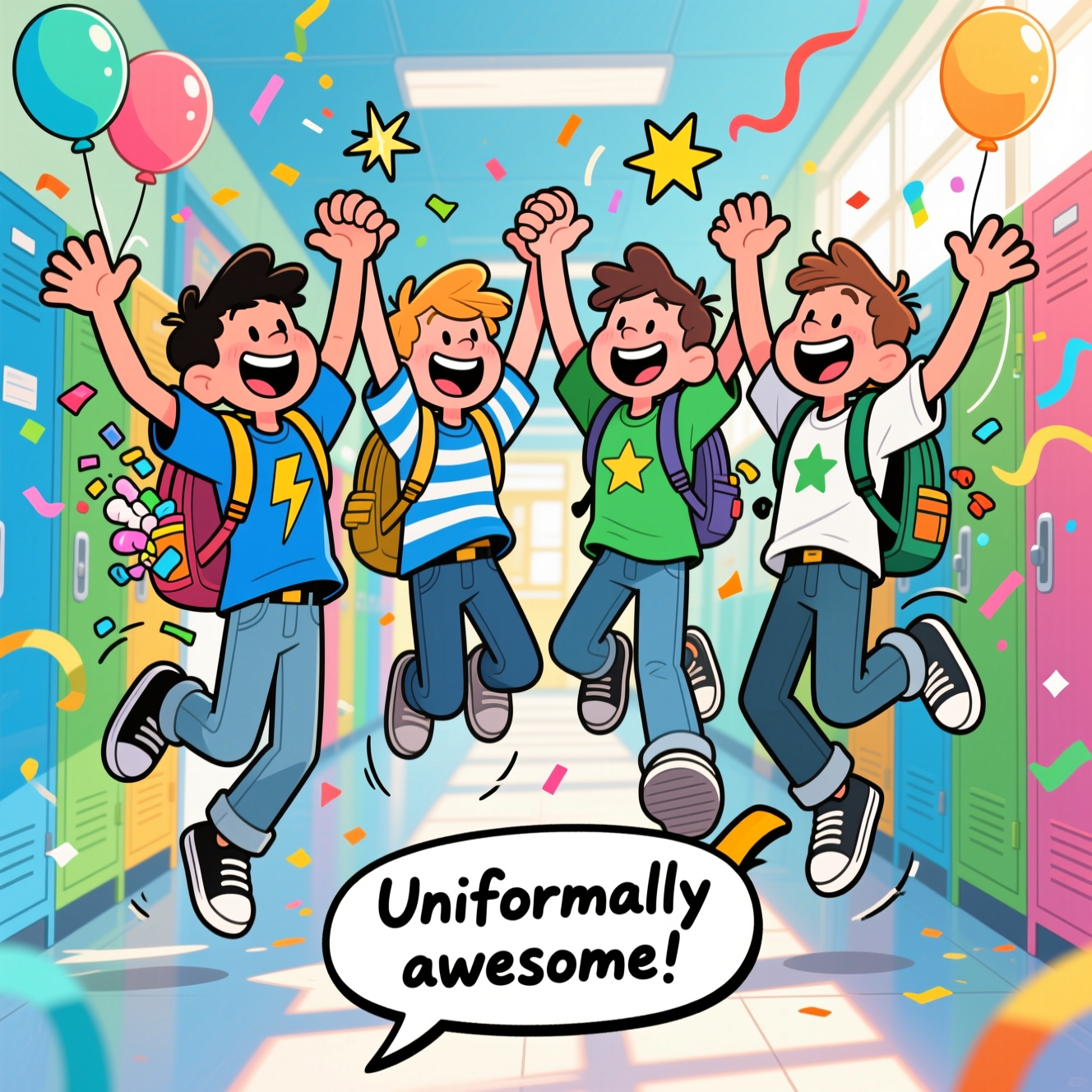 Playful cartoon scene with exaggerated proportions, thick black outlines, and bright saturated colors. A triumphant, funny moment in a sunny school hallway: three to four boys mid-jump high‑fiving in a freeze‑frame pose, huge grins, noodle limbs, and expressive, oversized heads. They wear cool, comfortable school uniforms: relaxed-fit jeans or trousers and T‑shirts in blue, green, or white (no logos or extra text), plus comfy trainers. Give each shirt a simple non-text graphic like a lightning bolt, stripes, or a star. Backpacks bounce behind them, one slightly overstuffed with confetti comically puffing out. Add swooshy motion lines, starbursts, and playful sparkles; streamers and balloons in the background, but no additional text. Background: vibrant school corridor with colorful lockers, soft sunshine pouring in, subtle depth-of-field.

Small caption (the only text), hand‑lettered and cheeky:
“Uniformly awesome!”

Place the caption near the bottom center on a playful ribbon or speech‑bubble shape, bold and readable, with a slight shadow for pop. Overall vibe: energetic, celebratory, and funny. Full-bleed vertical composition, clean cel shading, high contrast, joyful palette of sky blues, lime greens, and crisp whites.
Generated with these themes: School uniform - The boys wear jeans or trousers and t-shirt. The colors are blue or green or white for boys. The shoes are trainers. The uniforms are cool and comfortable, and .
Made with ❤️ by AI.