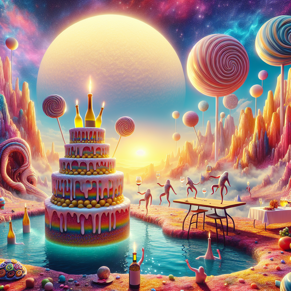 A dreamlike birthday scene is on display under a radiant, enormous sun dawning low in a sky filled with hues of candy. The festive mood is tangible as the landscape pops with lively rolling hills and jagged, rocky cliffs. In the midst of this otherworldly terrain, an extraordinary pool, fashioned to resemble a birthday cake, welcomes participants to dive into its sparkling, carbonated depths. Beside it, a tabletop leaning at an unsettling angle carries a collection of wine bottles with legs, gyrating rhythmically to a melody strummed by a group of sentient musical instruments. The ambience seamlessly fuses the spirit of celebration with elements of surrealism.
Generated with these themes: Sun, Holiday , Wine, Music, Swimming , and Landscape.
Made with ❤️ by AI.