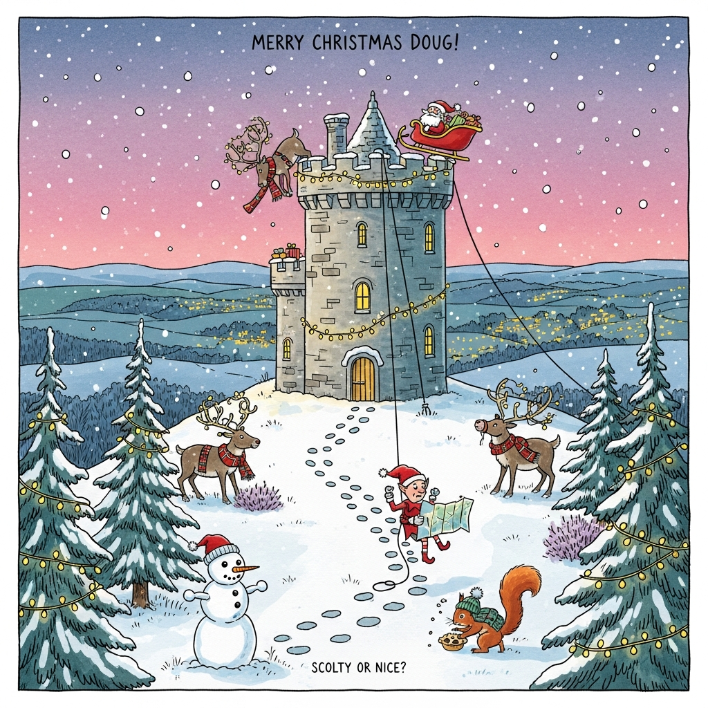 At the top of the Illustration Style image, "Merry Christmas Doug!"

Hand-drawn, funny Christmas illustration with fine linework and textured brush strokes, balanced composition, and a warm, expressive color palette. Set on Scolty Hill above Banchory, Scotland: the iconic cylindrical Scolty Tower stands at the snowy summit as the central focal point, its crenellations sprinkled with snow and wrapped in glowing fairy lights. Santa has “parked” his sleigh precariously on the tower roof like a helipad; one reindeer in a tartan scarf leans over the parapet with lights hilariously tangled in its antlers, while another nibbles at frosty heather. An elf abseils down the tower using a rope of fairy lights, clutching an upside-down map with a baffled expression. Foreground: a winding trail of chunky footprints leads the eye uphill between Scots pines draped in garlands; a snowman shaped like a mini Scolty Tower grins, and a red squirrel in a bobble hat scampers off with a stolen mince pie. Background: the Deeside valley and the twinkling lights of Banchory glow warmly beneath a magenta-to-indigo twilight sky with gentle, drifting snowflakes. Use cozy lantern-golds and tartan reds against cool blue–teal snow shadows; fine ink outlines, soft watercolor textures, and subtle paper grain for a whimsical, expressive feel. Keep the mood playful, warm, and cheeky.

Add a tiny hand-lettered caption at the bottom: "Scolty or Nice?"
Generated with these themes: Scolty hill banchory, and .
Made with ❤️ by AI.