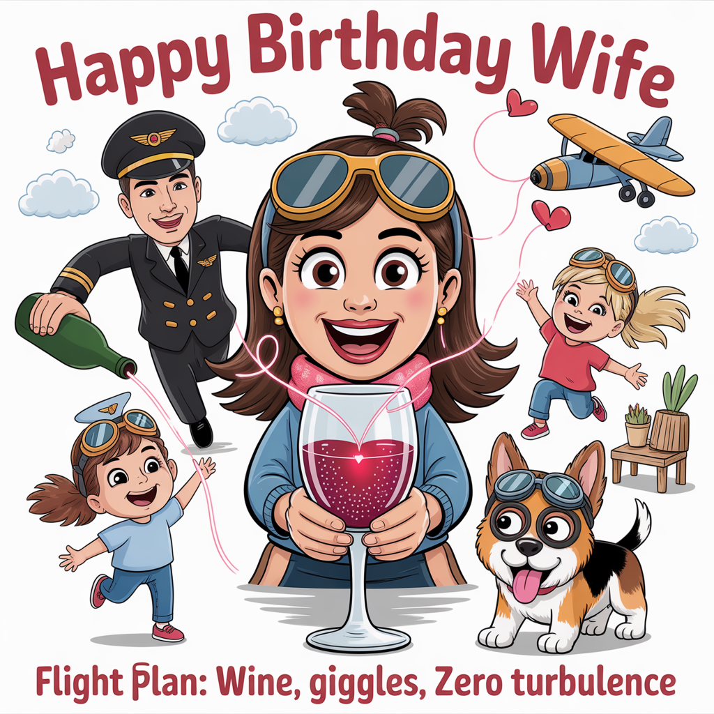 At the top of the Cartoon Style image, "Happy Birthday Wife"

At the bottom of the image, "Flight plan: wine, giggles, zero turbulence."

Create a cute, playful cartoon scene with exaggerated proportions, thick outlines, bright saturated colors, and whimsical, energetic poses. Center the wife as the star: big expressive eyes, aviator sunglasses perched on her head, a breezy scarf, and an oversized sparkling glass of red wine whose swirl forms a heart-shaped contrail. To her left, the husband in a crisp pilot uniform and cap (wing badge shining) leans in proudly, mid-stride, as if taxiing toward her, a bottle tilted so the pour curls like a tiny jet-stream into her glass. Two daughters bounce around her: one wearing a paper pilot hat and launching a toy airplane with a flowing ribbon, the other hugging a cheerful German shepherd in cute pilot goggles, tail wagging and tongue out. Background: a cozy living room transformed into a mini hangar party—cloud-shaped balloons, tiny airplane bunting, a runway-pattern rug, confetti like twinkling stars, and a window with a bright sky and heart contrails. Make the top headline bold and bubbly, the bottom punchline clear and cheeky, both integrated so they don’t cover faces. Keep the mood adorable, celebratory, and full of family-flight vibes.
Generated with these themes: Wine, Pilot wife life, Two daughters , Husband is a pilot , German shepherd , and .
Made with ❤️ by AI.