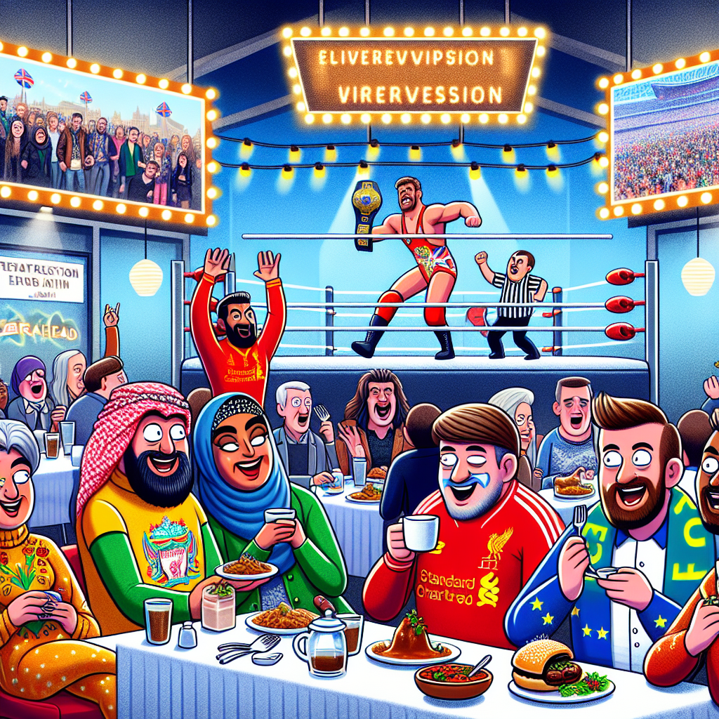 Create a humorous cartoon image that showcases a vibrant birthday party with a wrestling theme. The party guests, a cheerful mix of Middle-Eastern women and Caucasian men, are festively attired with Liverpool scarves and band merchandise from a group called Zebrahead. The atmosphere around is tempting with the delectable scent of curry and freshly prepared pies from a wrestling-themed food counter. A corner of the location provides relaxing spa treatments. Overhead screens are playing scenes from a popular movie titled '10 Things I Hate About You'. Eurovision music encapsulates the surroundings, setting a lively rhythm. The attendees are seen engrossed in the wrestling match, relishing their coffee, and cheering on their preferred characters.
Generated with these themes: Wrestling , Liverpool , Zebrahead, 10 things I hate about you , Spas, Curry , Pie, Coffee, and Eurovision .
Made with ❤️ by AI.