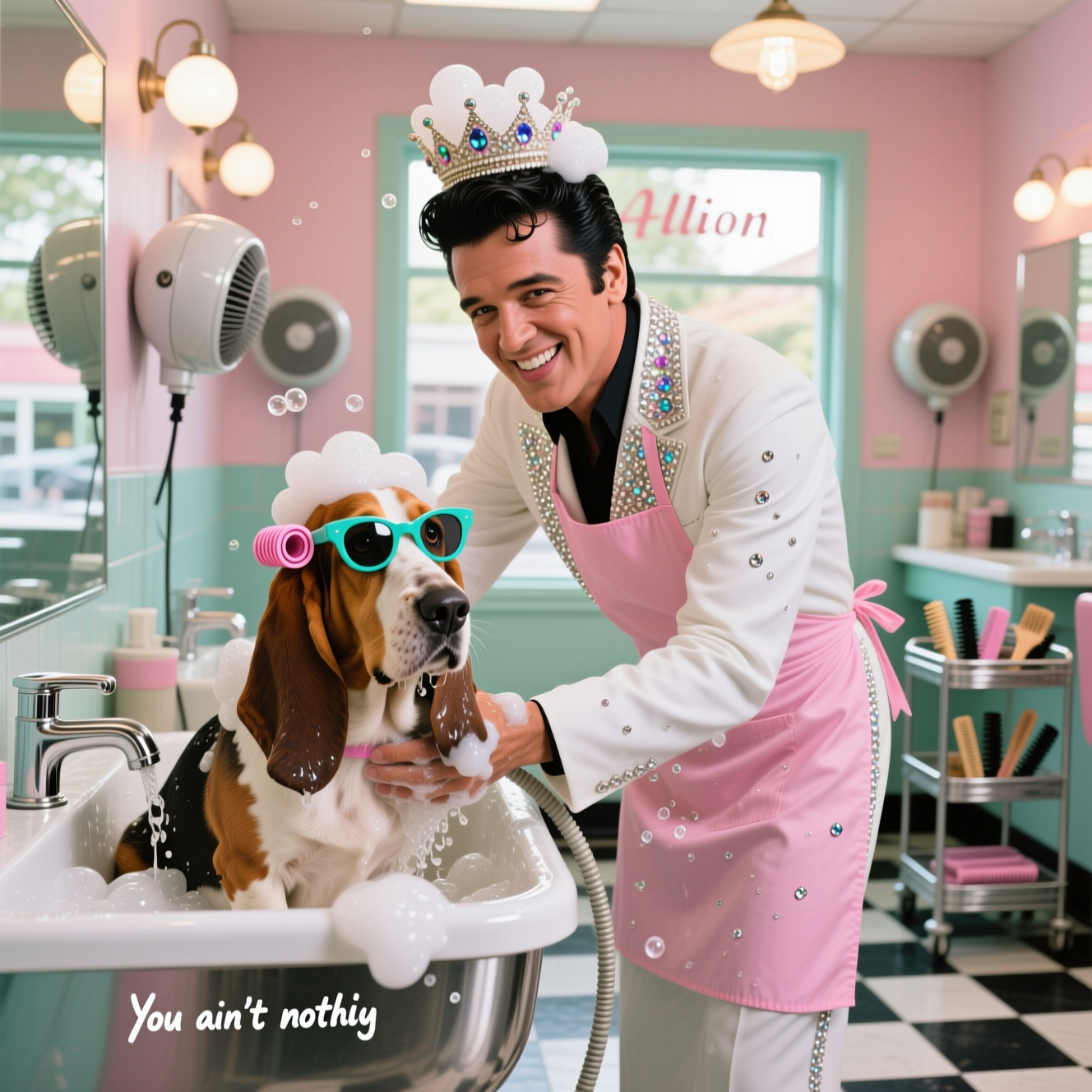 At the top of the Photorealistic picture taken from a camera image, Happy birthday, Allison!

Ultra-high-definition 4K UHD, true-to-life candid photograph of Elvis Presley washing a basset hound in a retro 1960s beauty shop. Vertical portrait composition. Elvis is smiling, in his iconic white rhinestone jumpsuit with a candy-pink barber apron tied over it; jet-black pompadour and sideburns immaculate, a few soap suds dotting his sleeve. He leans over a stainless salon wash sink, holding a chrome handheld sprayer as glossy white bubbles cascade off the hound dog’s long, droopy ears. The basset hound sits in the sink with big soulful eyes, wet nose glistening, a couple of pink curlers clipped to one ear, and teal cat-eye sunglasses perched playfully; a foamy “bubble crown” on its head.
Background: pastel mint-and-blush walls, checkerboard tile floor, hooded hair dryers, mirrored stations with globe bulbs, and a rolling cart of brushes and combs. Late-morning sunlight pours through a large shopfront window, mixing with warm tungsten bulbs for balanced, realistic lighting; natural reflections on chrome and glass. Shallow depth of field: Elvis and the dog are tack-sharp; background softly blurred with creamy bokeh. Hyper-detailed textures: rhinestones, apron fabric, wet fur, iridescent micro-bubbles, and individual water droplets mid-air. Color palette: soft pastels with bright whites and warm skin tones; mood funny, charming, and celebratory.

Place a small cheeky one-line caption near the bottom in playful hand-lettered script, white with a subtle drop shadow for readability: “You ain’t nothin’ but a sudsy hound dog!”

Camera look: full-frame 50mm lens, f/2.8, ISO 200, 1/200s; natural + tungsten mixed lighting, accurate white balance, rich depth of field, magazine-quality realism. No logos or extra text.
Generated with these themes: I need a card with Elvis on it. And he is washing a dog at a beauty shop., and .
Made with ❤️ by AI.