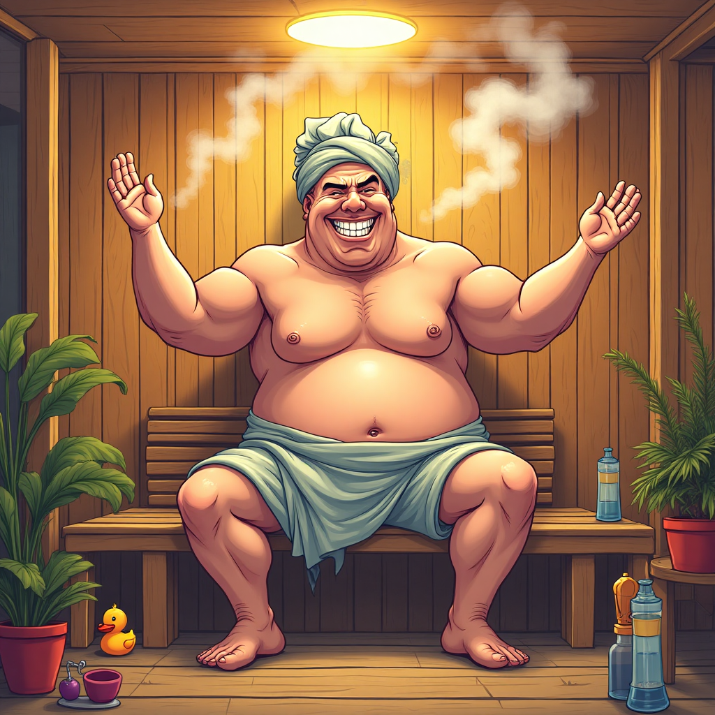 **Image Prompt:**

Create a vibrant, cartoon-style image that humorously combines the worlds of sauna relaxation and yoga practice for a Father's Day theme. Imagine a jovial, potbellied dad character with exaggerated features, such as a large, rounded belly and oversized feet. He's seated in a wooden sauna with steam swirling around, wearing a towel headband and an amusingly small towel barely covering his midsection. His expression is one of pure bliss and concentration as he attempts a yoga pose, perhaps a wobbly tree pose, his arms hilariously outstretched for balance.

The sauna is filled with bright, lively colors, with wooden textures and glowing, cartoon-style steam. Perhaps include a rubber ducky and some humorous sauna-related items like an over-the-top large water bottle and a cartoonishly tiny plant pot.

Add a small, playful text caption within the image: "Finding Zen, One Sauna at a Time!"
Generated with these themes: Sauna, Yoga, and .
Made with ❤️ by AI.