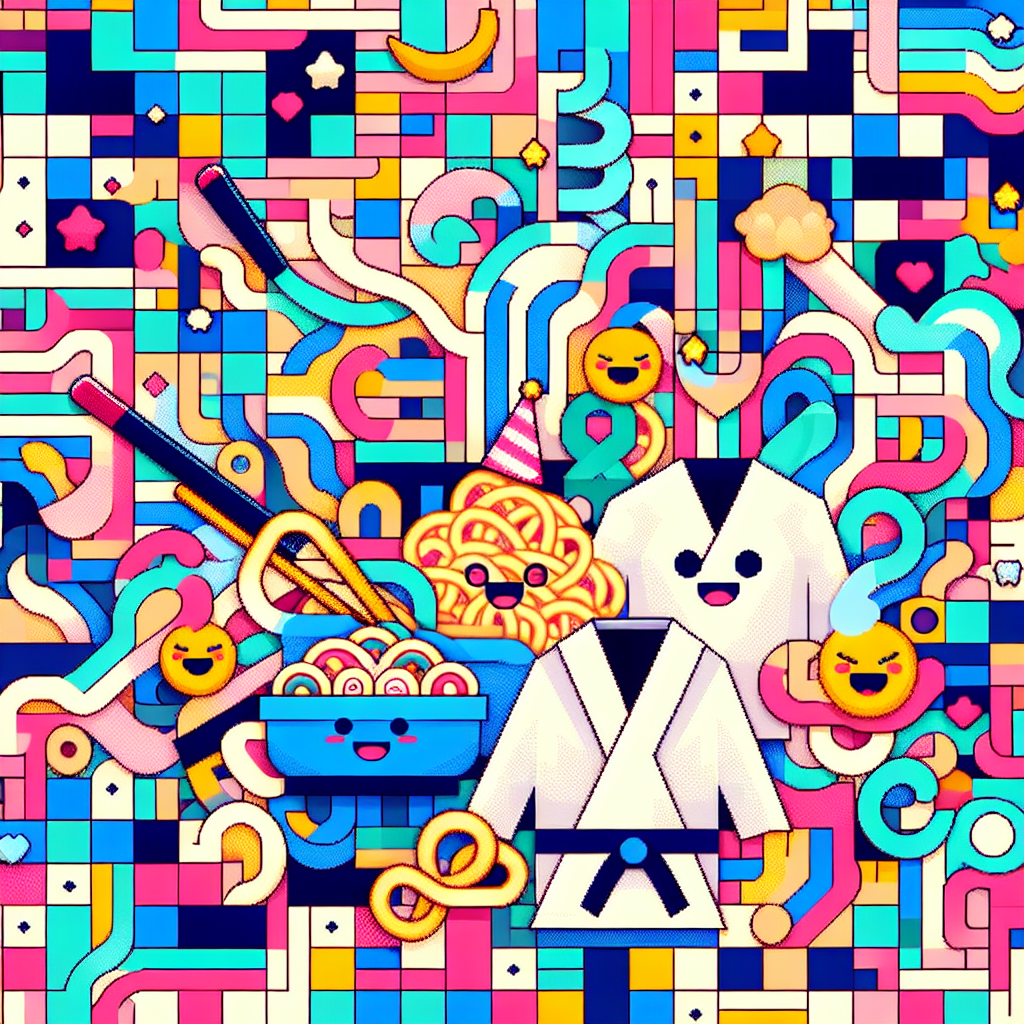 A whimsical abstract scene tailored around a birthday theme. Display a playful color palette featuring kawaii-style noodles, personified with cheerful faces, playfully intertwined with iconic patterns symbolizing Jiu Jitsu belts and gi. Create a background formed by pixelated elements reminiscent of classic arcade games, establishing a mosaic that blends beautifully within the setting. Emulate a festive atmosphere that radiates charm, invoking feelings of joy and a nostalgic nod to classic gaming.
Generated with these themes: Noodles, Jui Jitsu, and Gaming.
Made with ❤️ by AI.
