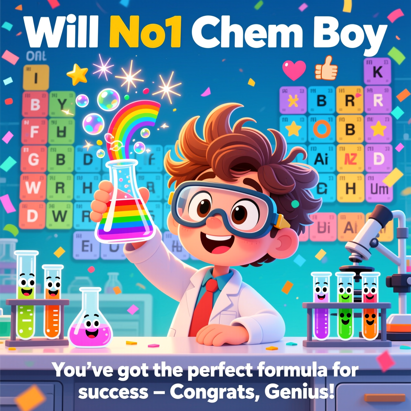 At the top of the image, **"Will No1 Chem Boy"**  

At the bottom of the image, add: **"You’ve got the perfect formula for success – Congrats, Genius!"**  

- In the center, illustrate a playful cartoon laboratory scene: a wide-eyed, cheerful young scientist (exaggerated oversized goggles, wild hair sticking up) holding up a beaker fizzing with rainbow-colored bubbles and sparkles.  
- On the lab bench, cartoon test tubes with goofy smiling faces cheer him on like a supportive crowd.  
- A large comical periodic table in the background has random letters swapped for celebratory icons (like stars, hearts, and thumbs-up).  
- Colors are bold, vibrant, and joyful – with confetti-like sparks floating through the scene, giving it a festive, sincere “you did it!” vibe.
Generated with these themes: Chemistry , and .
Made with ❤️ by AI.