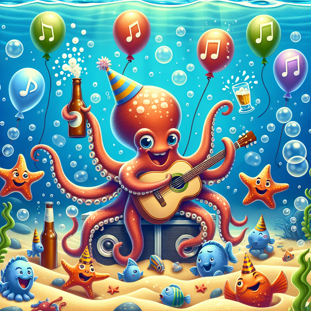 In a playful underwater birthday scene, a caricature of an octopus is seen playing a guitar in one of its tentacles while brandishing a beer bottle with another. The bottom of the ocean is festooned with a party setup, including musical-note balloons and starfish enthusiastically attending the performance. Little marine fish are depicted swimming around merrily, donning party hats, all amidst a joyous bubble ambience, symbolizing laughter and overall happiness.
Generated with these themes: The Beatles, Octopus, and Beer.
Made with ❤️ by AI.
