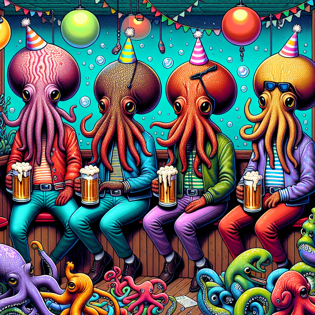 A humorous image set in a birthday theme featuring four octopuses with distinct personalities sitting in an undersea pub. Each one holds a pint of frothy sea-brine drink, wearing unique outfits that reflect various styles from the 1960s pop culture. They all have party hats on their heads, and colorful bubbles float around them, enhancing the jovial ambience. Surrounding them, various sea creatures, streamlined with party accessories, groove to the rhythmic flow of underwater melodies.
Generated with these themes: The Beatles, Octopus, and Beer.
Made with ❤️ by AI.