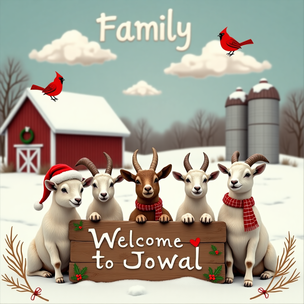 In the foreground of this whimsically festive photograph, a group of goats, each with their own quirky personality, is dressed in festive attire. One wears a Santa hat with a jaunty tilt, another sports a red-and-white striped scarf, while a third has jingle bells hanging from its horns. They are gathered around a wooden farm sign that reads "Welcome to Iowa," creatively painted with holly and snowflakes. In the background, a picturesque Iowa farm is blanketed in a light dusting of snow, with a classic red barn and a few silos standing tall under a sky that is the soft pastel hue of a winter morning. A heart-shaped wreath hangs on the barn door, subtly hinting at the theme of love. In the sky, fluffy clouds have formed into letters spelling out "Family," playfully positioned so that it appears as if the goats are looking up at the sky with curious delight. A couple of cardinals, vibrant against the snowy backdrop, perch atop the "Iowa" sign, adding a pop of color and a sense of lively holiday spirit to the scene. This intricate tableau captures the essence of Christmas, Iowa’s rural charm, and the warmth of family love in an unexpected and delightful way.
Generated with these themes: Goots, Iowa, and Love.
Made with ❤️ by AI.