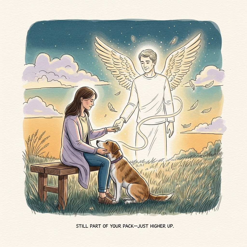 Hand-drawn illustration, fine linework and textured brush strokes on warm off-white paper grain; sincere, tender tone. Scene at golden-hour dusk: a woman in a soft cardigan sits on a wooden bench in a quiet meadow; her gentle mixed-breed dog leans into her leg, looking up with loyal eyes. Above and slightly behind them, the faint, luminous figure of a kind-eyed man appears as a guardian angel—translucent and softly glowing—wings suggested by pale cloud shapes and drifting feathers, watching over them with a protective, loving gaze. Soft grasses sway; a subtle ribbon of light links the angel’s hand to the woman and the dog. Balanced composition with generous sky and negative space; delicate ink linework with light crosshatching; watercolor/gouache washes; warm, expressive palette of dusky blues, muted teals, lavender-grays, ambers, and cream with gentle gold highlights for the angelic glow; soft vignette, no harsh contrast.

Include a small, unobtrusive, hand-lettered caption at the bottom in warm gray ink (single line):
“Still part of your pack—just higher up.”
Generated with these themes: Please make the card with the woman and dog with the man as an angel watching over them, and .
Made with ❤️ by AI.