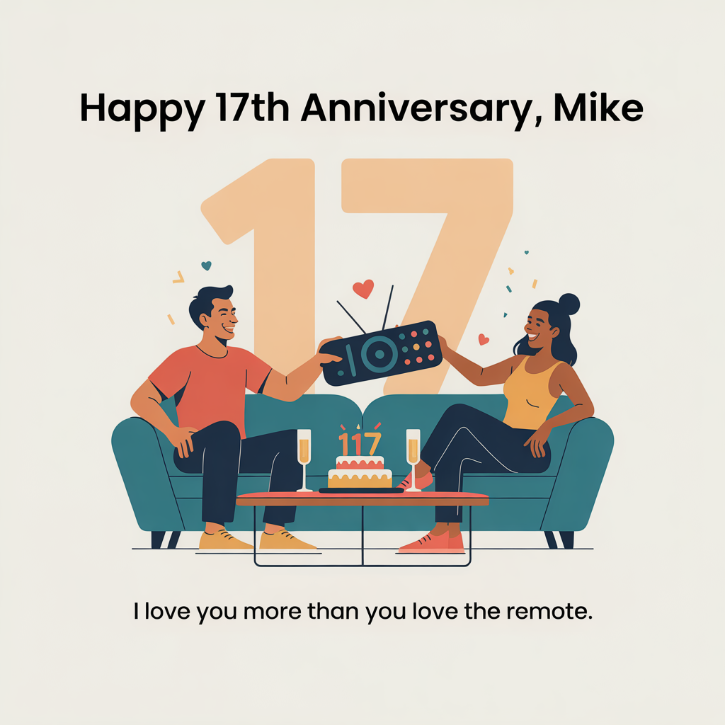At the top of the Vector Style image, "Happy 17th Anniversary, Mike"

At the bottom of the image, "I love you more than you love the remote."

- In the center, a clean flat-vector scene of a husband and wife on a modern sofa, grinning as they playfully tug an oversized TV remote between them like a trophy.
- On the coffee table: a small cake with “1” and “7” candles and two clinking champagne flutes; subtle confetti and tiny heart icons around them.
- A large, pale “17” numeral sits in the background as a graphic shape to anchor the composition.
- Style: crisp lines, solid color blocks, minimal or no gradients, no textures; generous negative space so the headline and punchline dominate.
- Typography: bold modern sans-serif for the headline; friendly, slightly playful sans or script for the punchline.
- Color palette: warm coral, deep teal, mustard, and navy accents on a clean off-white background.
Generated with these themes: Golf, sports, and .
Made with ❤️ by AI.