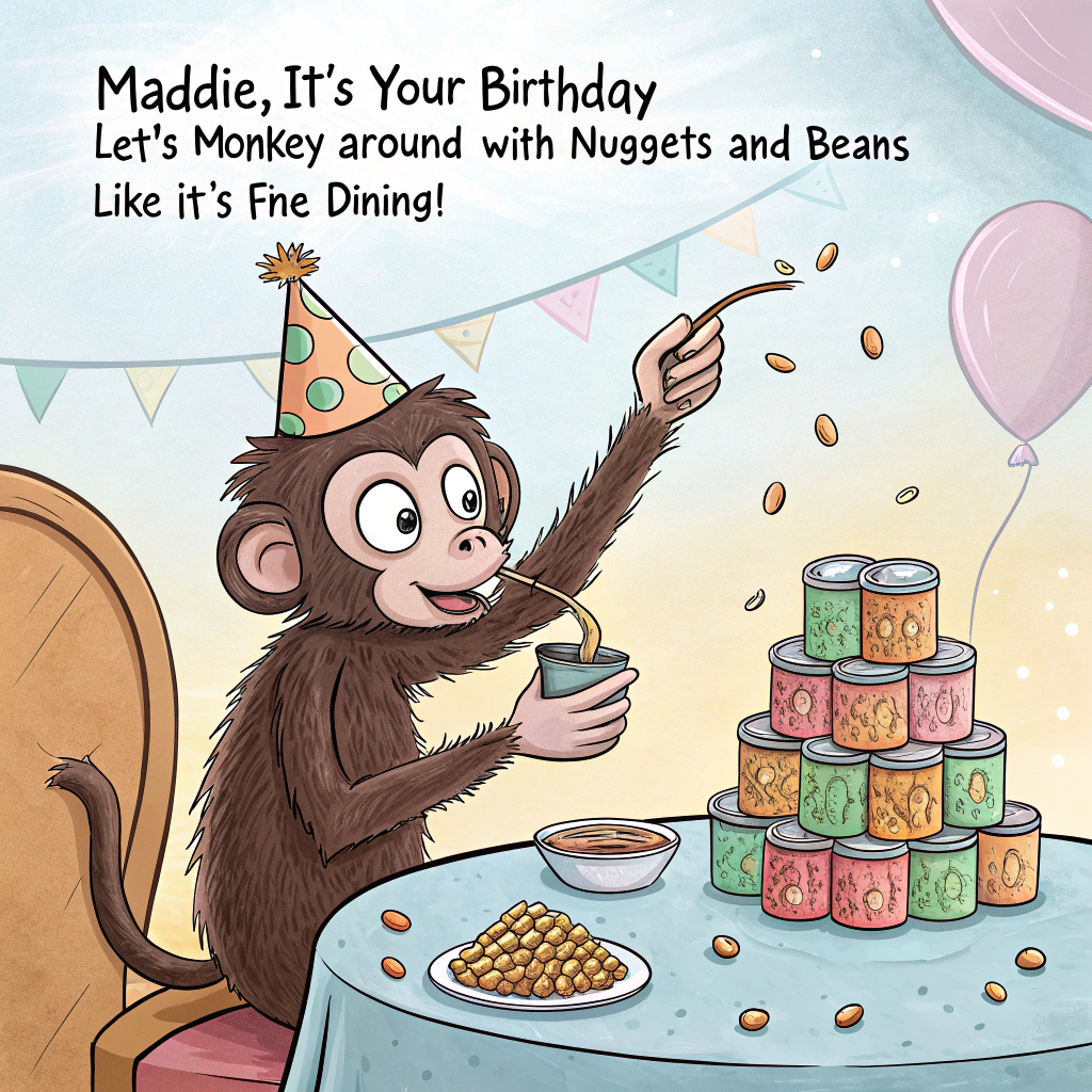 At the top of the image, "Maddie, it’s your birthday—let’s monkey around with nuggets and beans like it’s fine dining!"

- In the center of the image, depict a wild and hilarious cartoon scene:
  - A mischievous monkey wearing a party hat is elegantly sitting at a tiny table made of stacked cans of baked beans.
  - Opposite the monkey, a dapper bean with stick arms and monocle is raising a pinky as it sips tea from a thimble.
  - Between them, on a fancy silver platter, is a pile of golden chicken nuggets glowing like treasure.
  - In the background, balloons shaped like chicken nuggets float in the sky, and one rogue nugget parachutes down wearing sunglasses.

- Add at the bottom of the image, “You're officially nugget years old—may your day be beans-to-the-wall amazing!”
Generated with these themes: Monkey, Chicken Nugget, Bean, and .
Made with ❤️ by AI.