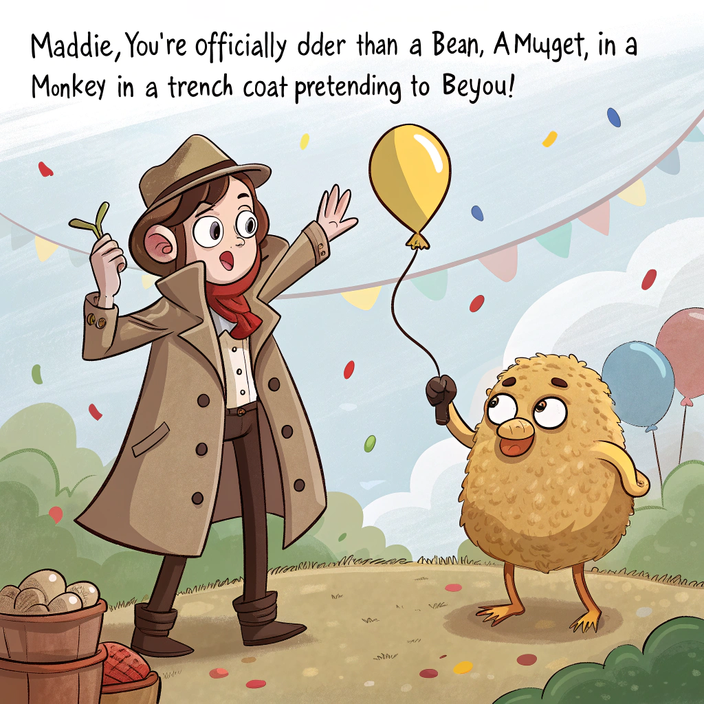 At the top of the image, "Maddie, you're officially older than a bean, a nugget, and a monkey in a trench coat pretending to be you!"

– In the center of the image, illustrate a hilariously chaotic cartoon scene: a cheeky monkey wearing a child-sized trench coat, standing on the shoulders of a big, lumpy baked bean and a golden chicken nugget (who’s clearly struggling under the weight). The monkey holds a balloon that reads “18-ish?” and is attempting to sneak into a party while looking extremely suspicious.  
– The bean has little cartoon eyes and a fed-up expression, and the nugget is sweating bullets, one hand clutching a tiny cup of ketchup like it’s fuel.
– Behind them, a confused bouncer holding a clipboard looks on, saying, “You Maddie?”  
– Party streamers, confetti, and cake in the background give it that unmistakable birthday vibe.
Generated with these themes: Monkey, Chicken Nugget, Bean, and .
Made with ❤️ by AI.