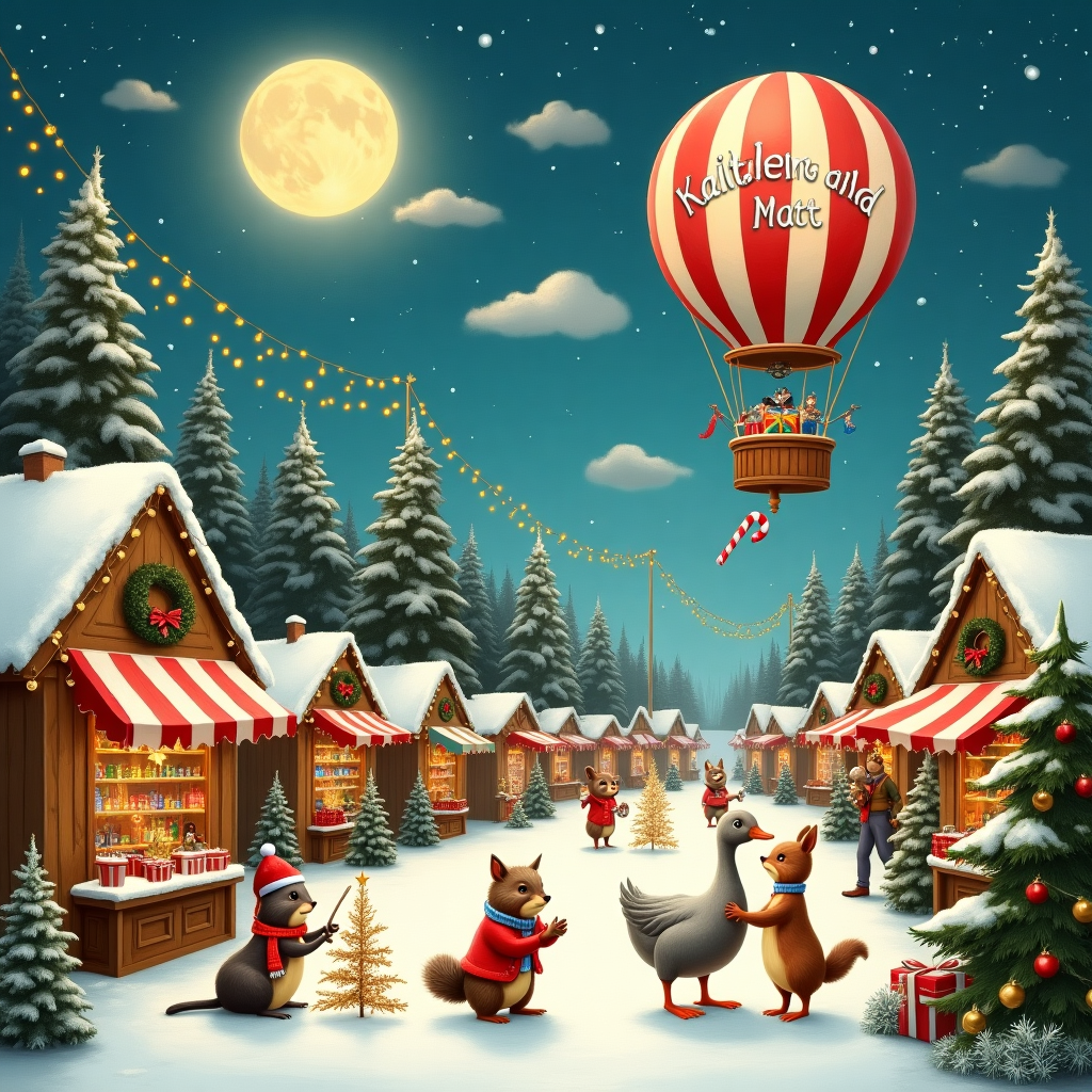 In a whimsical, snow-draped village straight out of a storybook, a bustling Christmas market is alive with merriment. Stalls are decorated with twinkling fairy lights and holly wreaths, offering colorful handmade ornaments and steaming mugs of hot cocoa. In the foreground, a merry group of animals, inspired by Beatrix Potter, gather around a Christmas tree. A squirrel in a tiny red hat places the final star atop the tree, while a hedgehog wrapped in a festive scarf holds a tiny banner saying "Merry Christmas." Nearby, a goose wearing a bowtie pecks curiously at a tinsel strand that trails behind a mischievous raccoon.

Hovering above this scene in the sky, a gigantic candy cane-striped hot air balloon floats gently, its basket filled with gifts wrapped in shimmering paper. The balloon bears the name "Kaitlin and Matt" elegantly inscribed in clouds that look like swirls of whipped cream. Behind this joyful chaos, a moonlit snowman band, each member in a different holiday-themed outfit, plays instruments made from recycled materials, like a trombone fashioned from a chimney pipe. The entire scene is framed by towering fir trees dusted with snow, their branches adorned with strings of golden lights, twinkling like stars.
Generated with these themes: Christmas card that says merry christmas with christmas themed decorations.
Made with ❤️ by AI.