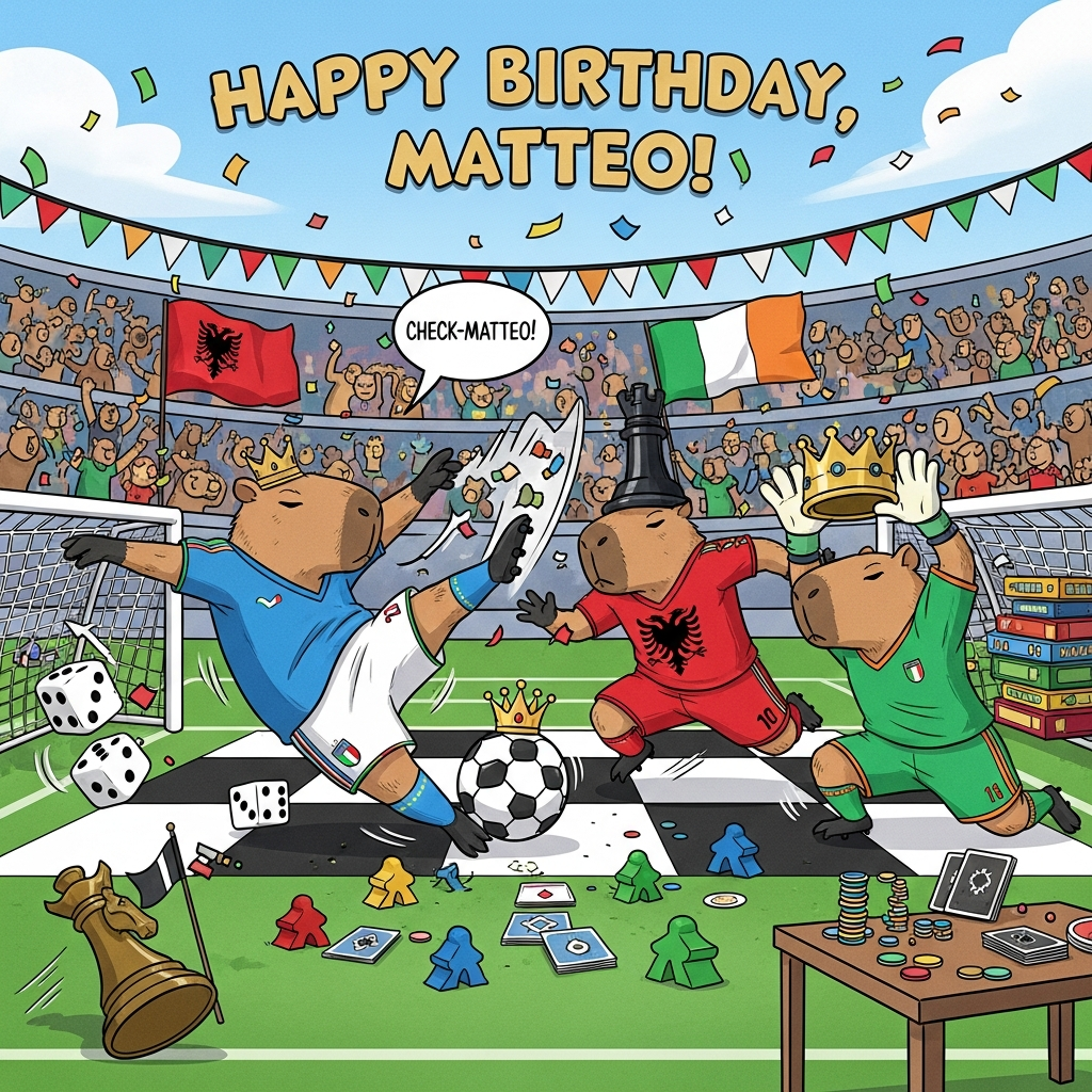 Football, chess, capybaras, Albania, Italy, Ireland, board games, and Birthday Card