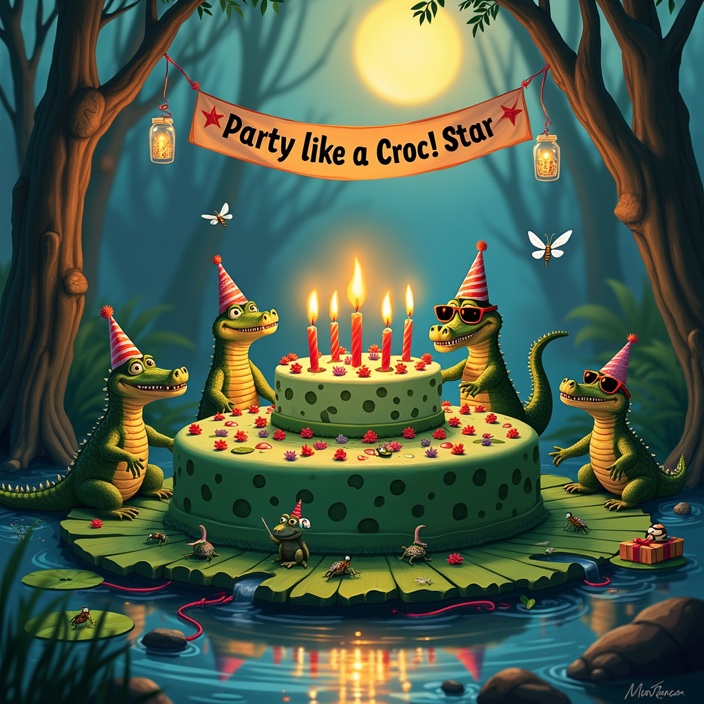 Picture a serene swamp at dusk, where the vibrant hues of the setting sun cast a golden glow over the murky water. At the heart of this tranquil scene is a quirky birthday celebration unfolding on a lily pad island. Imagine a group of grinning crocodiles—some lounging with party hats jauntily perched on their heads, while others sport oversized sunglasses, adding a touch of humor to their toothy grins. In the center of the lily pad, a large, tiered birthday cake is precariously balanced. 

This cake is unlike any other: it's shaped like a giant Croc shoe, complete with a bumpy texture and adorned with colorful Jibbitz charms that spell out "HAPPY BIRTHDAY!" The cake's surface is covered in green frosting to mimic the texture of the iconic footwear, while the holes on top are filled with tiny, flaming candles, their flickering light reflecting off the swamp water. One particularly daring crocodile, standing on its hind legs, is attempting to blow out the candles, his snout puckered comically.

Surrounding the cake are various swamp critters—frogs with tiny party horns, turtles carrying mini presents wrapped in bright paper, and dragonflies buzzing around with streamers trailing behind them. To one side, a crocodile DJ is stationed behind a lily pad turntable setup, spinning vinyl records made from polished stones. The other crocodiles groove to the beat, their tails swishing rhythmically in the water.

In the background, the swamp is decorated with hanging fairy lights made from glowing fireflies trapped in mason jars, casting a soft, magical light over the festivities. On a makeshift banner strung between two twisted willow trees, “Party like a Croc Star!” is written in bold, playful letters.

This detailed scene encapsulates the whimsy and humor of a swampy, croc-filled birthday bash, blending realistic elements with fantastical touches for a truly memorable and entertaining greeting card cover.
Generated with these themes: crocs , candles.
Made with ❤️ by AI.
