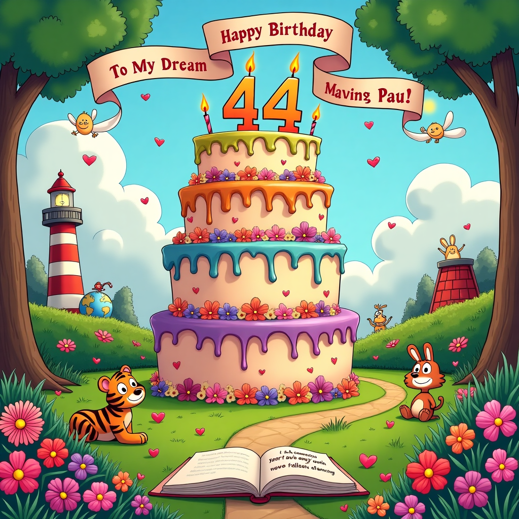 The scene unfolds in a whimsical, enchanted garden, with vibrant colors reminiscent of a dreamscape. In the center, a cheerful, oversized birthday cake towers above everything, each layer whimsically decorated with playful patterns and cartoonish flowers, each petal seemingly dancing in the breeze. Atop the cake, flickering candles spell out "44" in bright, cartoonish numbers, their wax softly melting into playful drips. A large banner arcs above the scene, strung between two cartoonish, smiling trees. The banner reads, "Happy Birthday to My Dream Man, Paul!" in bold, colorful letters, with each letter formed by small, animated characters—a nod to Schulz’s playful Peanuts style—who appear to be holding hands to form the words.

To the left of the cake, a cartoon version of a lighthouse, inspired by Will Eisner’s graphic novel art, stands firmly on a tiny cliff made of cake frosting, its light beaming a friendly glow over the entire scene. In the sky above, inspired by Winsor McCay’s surreal dreamscapes, fluffy clouds form an arch, their contours subtly shaping into hearts and stars, whispering of endless adventures. Among the clouds, a flock of small, comic-style birds—harkening back to Watterson’s imaginative critters—carry a delicate ribbon. The ribbon stretches across the sky with the inscription, "To the Compass of My Heart, Paul."

Below, a garden teems with quirky, cartoonish flowers and creatures. Flowers are painted in vibrant hues, their faces smiling as they sway. A couple of cartoon rabbits, drawn in a style reminiscent of Walt Disney’s playful animals, are seen holding a small globe, representing the world of adventures awaiting Paul. Nearby, a tiny Calvin-esque tiger lounges under a daisy, peeking playfully from behind the stem. The garden path is paved with cartoon hearts and laughter bubbles, leading to an open book, its pages turning as if by a gentle breeze. The book’s illustration, taking a cue from Hergé’s detailed storytelling, shows two hands entwined, promising countless chapters of shared stories and new beginnings.

Finally, a large, welcoming sun peeks from the horizon, its rays painted in the vivid colors of a R. Crumb psychedelic comic, casting a warm glow over the entire tableau, suggesting the warmth and joy of another year with Paul. This is a celebration not just of a birthday but of a shared journey, illustrated with whimsy and a playful nod to the legendary artists who inspire us all.
Generated with these themes: **To My Dream Man on Your 44th Birthday**  In the tapestry of time, where moments intertwine, Forty-four threads of laughter, each one a cherished sign. Today, we gather shadows and light to celebrate you, The love of my life, a dream wrapped in truth. On this special day, I am reminded of every precious moment we've shared—the laughter, the whispers, the quiet understanding that passes between us like an unspoken promise. Each year with you has been a beautiful chapter in our story, filled with the warmth of your smile and the kindness of your heart.   Every glance you've gifted, a spark ignites the day, With every word you whisper, my worries fade away. Your presence is my sanctuary, a safe haven where I can truly be myself. You have this incredible way of turning the ordinary into extraordinary, of making mundane moments shimmer with meaning. You are the compass guiding me through storms that rage and roar, A gentle force, a lighthouse, on love’s eternal shore. With you by my side, I feel invincible, ready to face whatever life throws our way.  In the garden of your heart, I find a safe retreat, Where hope blooms in the silence, and every heartbeat’s sweet. The way you love me, with all your might and tenderness, is a gift I treasure deeply. You paint my world with colors—vibrant, rich, and rare. Each moment with you, darling, is a treasure beyond compare. I can't help but smile at the thought of all the adventures that still await us, and I look forward to creating even more beautiful memories together.  So here’s to you, my beloved, as the candles softly glow, May every wish you gather lead you where you long to go. With passion, joy, and laughter, let’s dance through life anew, For you are my forever, and forever starts with you. Happy Birthday, my dearest. May this year be filled with as much love and joy as you have given me, and more. Here’s to you, to us, to all that lies ahead..
Made with ❤️ by AI.