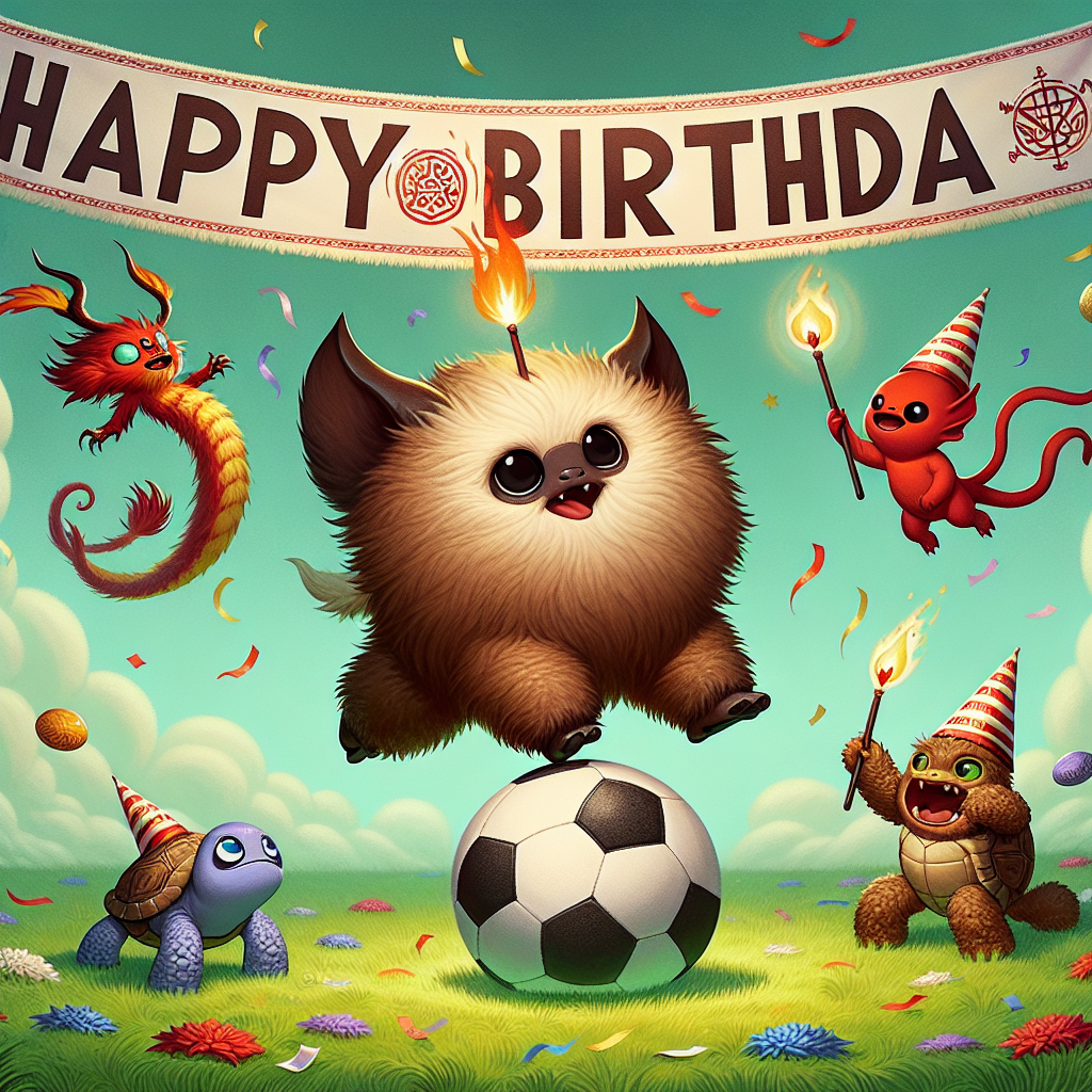 Depict a sweet celebration scene on an opulent grass patch where a humorous soccer game is happening. A small, fluffy, brown creature adeptly handles a black and white ball decorated with a symbol similar but not identical to a red and white globular object. Two more creatures, one tiny and red with a fiery tail, the other small, blue and tortoise-like, cheer from the sidelines. They wear celebratory conical hats. Above them, a levitating banner proclaims 'Happy Birthday' in bold letters, every letter bedecked with illustrations of soccer and mythological creatures sharing unique features with but not identical to the creatures on the ground.
Generated with these themes: Pokemon, and Football.
Made with ❤️ by AI.