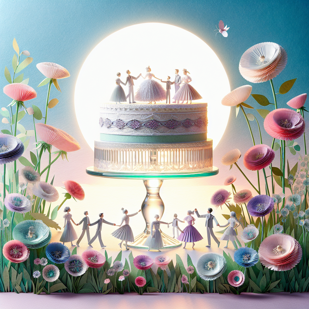 Create a whimsical Mother's Day-themed surreal illustration. The sky is made from layers of textured paper, softly illuminated by a sun made from papercraft. At the center of the scene, a large, elegant glass cake stand holds a miniature family. Each family member is crafted with intricate detail from colorful cardstock and they are engaging in a celebratory dance. Surrounding the stand, a lush garden of Sweet William flowers is in full bloom, each petal made from a different shade of pastel-colored paper, creating a dreamy atmosphere.
Generated with these themes: Paper crafts, Cards, Glass cake stands, Family , and Sweet Williams flowers .
Made with ❤️ by AI.