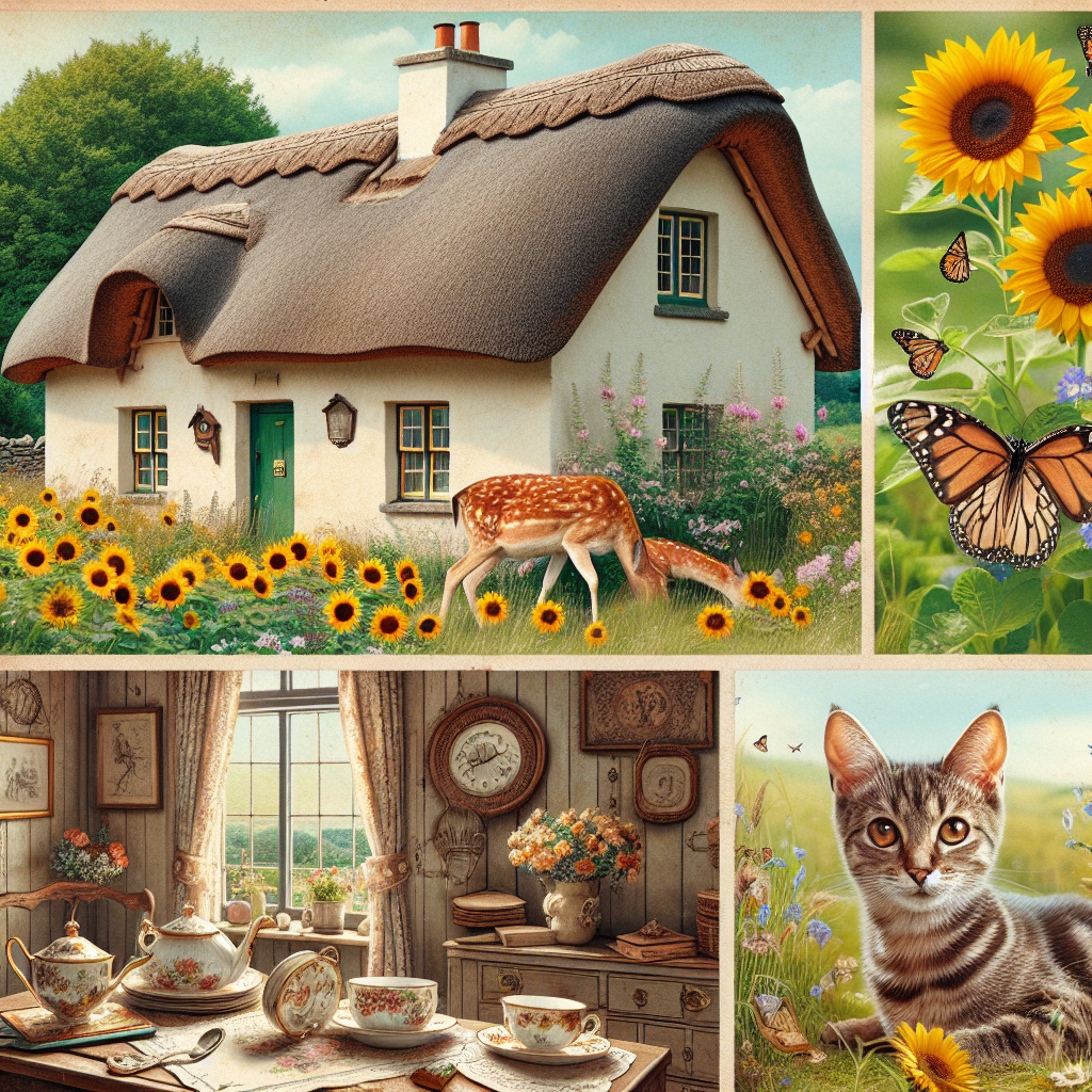 Visualize an adorable, thatched-roof cottage in the serene Irish countryside, radiating the emotional warmth associated with Mother's Day. Captured close to the cottage is a docile deer grazing the sunflowers and sweet peas, all dancing gently with the breeze. Just by the cottage door, a tabby cat with warm, captivating eyes enjoys a leisure moment, observing butterflies as they flutter from one flower to another. An old-fashioned table just outside the cottage is set for tea, ornate china cups and plates gleaming in the sunlight. Inside the cottage, evidence of recent creativity blooms in the fragments of sewing projects scattered across the room.
Generated with these themes: Deer, Thatched cottage, Tea, Butterflies, Tabby cat, Sunflowers , Sweetpea , Irish, Ireland, and Sewing.
Made with ❤️ by AI.