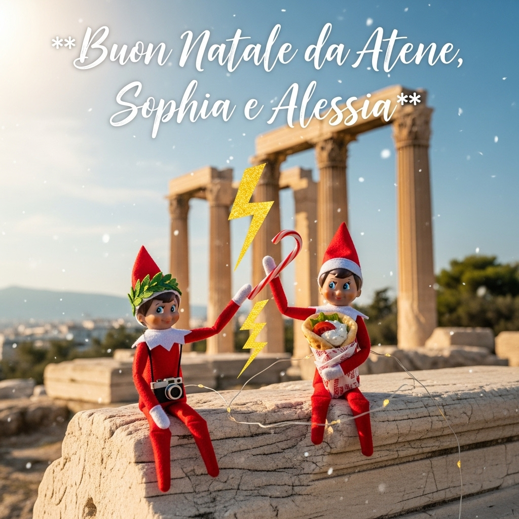 Due elfi di elf on the shelf in grecia al Tempio di Zeus Olimpio , and Christmas Card