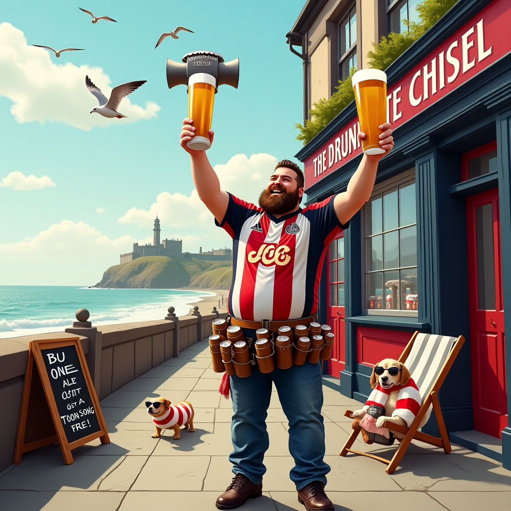 **Image Prompt (realistic photograph style, funny birthday theme):**

At the top of the realistic photograph image, "Haway Arthur — It's Hammer Time in the Toon!"

A sunlit, realistic coastal street scene in Whitley Bay, with St Mary's Lighthouse faintly visible in the background. A burly, bearded carpenter wearing a Newcastle United jersey and a tool belt full of beer cans (instead of tools) stands proudly outside a seaside pub named "The Drunken Chisel". He’s lifting a frothy pint of ale high in one hand while the other holds a ridiculously oversized hammer shaped like a football. Behind him, Tynemouth Priory peeks out dramatically from the cliffs.

The street is dotted with humorous details: a dog wearing a tiny NUFC scarf chasing seagulls; a chalkboard sign outside the pub reads, “Buy One Ale, Get a Toon Song Free!” and a deck chair nearby holds a pair of timber boots relaxing with tiny sunglasses on.

Everyone is smiling, laughing, or mid-toast — it’s a hilarious carpenter-themed football celebration soaked in Geordie cheer, sea breeze, and suds.
Generated with these themes: Newcastle United Football Club, Carpenter, Beer, Whitley Bay, and Tynemouth.
Made with ❤️ by AI.