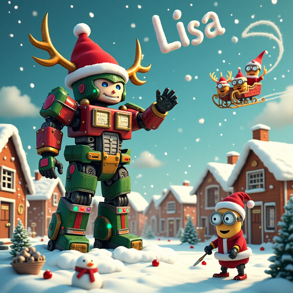 In a whimsical, snow-blanketed North Pole village, a jovial scene unfolds featuring a Transformers character decked out in a festive Santa hat. The Transformer, resembling a cross between Optimus Prime and Rudolph, has vibrant red and green colors with jingle bells attached to its towering metallic antlers. This playful mech is perched atop a shimmering, oversized snowdrift, engaged in the delightful task of decorating a gigantic Christmas tree made of spare parts and gears. The tree glistens with tinsel-like wires and baubles made from recycled bolts, while blinking, colorful LED lights snake around its branches.

Around the base of the tree, a group of merry elves in bright, patchwork outfits can be seen, using their nimble fingers to hang miniature stockings labeled with tiny, playful nicknames. Meanwhile, a family of robotic reindeer are being polished by another Transformer, ready to guide the sleigh on Christmas Eve.

In the sky above, fluffy clouds form into the letters spelling out "Lisa," cleverly shaped as if written by a passing comet with a sparkling tail. A tiny, vintage-style sleigh drawn by miniature Transformer reindeer whizzes across the top of the scene, weaving between the stars. The village buildings, inspired by gingerbread houses, have candy-cane pillars and gumdrop accents, with smoke curling from their chimneys shaped like circuits and gears.

In the foreground, snowball-like minions made from nuts and bolts frolic, their eyes glowing with festive cheer. A mischievous elf stands beside a makeshift snowman made from old computer parts, holding a carrot-nose screwdriver and wearing a strip of copper wire as a scarf. This lively, mechanical winter wonderland captures the quirky essence of a Christmas where machines and magic blend seamlessly together.
Generated with these themes: Transformers in santa hat.
Made with ❤️ by AI.
