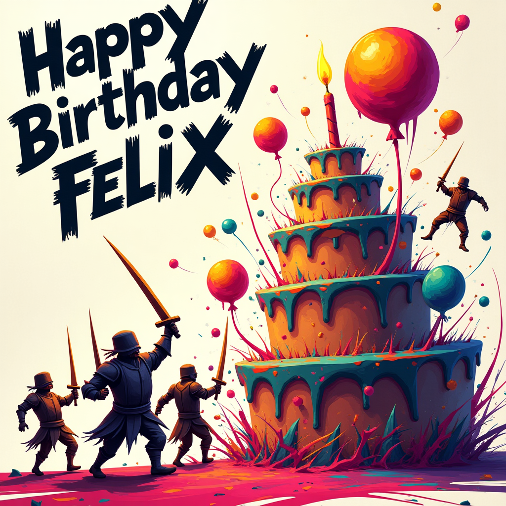 At the top of the Abstract Style image, the text reads in bold playful letters: **Happy Birthday Felix**  

An abstract, funny Clash of Clans-inspired scene: a chaotic burst of geometric warriors made of jagged triangles and swirling neon brush-strokes, clashing with balloon-shaped cannons and cake-shaped fortresses. Giant round shapes like balloons explode in vibrant pinks, yellows, and electric blues, while wobbly curved lines resemble swords and hammers in mid-battle. A surreal birthday cake tower, half fortress, half frosted treat, leans at a funny angle as abstract “barbarian” figures (formed from chunky squares and circles) try to storm it, slipping on streams of dripping paint.  

At the bottom, in squiggly, graffiti-style letters:  
**“May your troops be stronger than your candles!”**  
Generated with these themes: Clash of clans, and .
Made with ❤️ by AI.