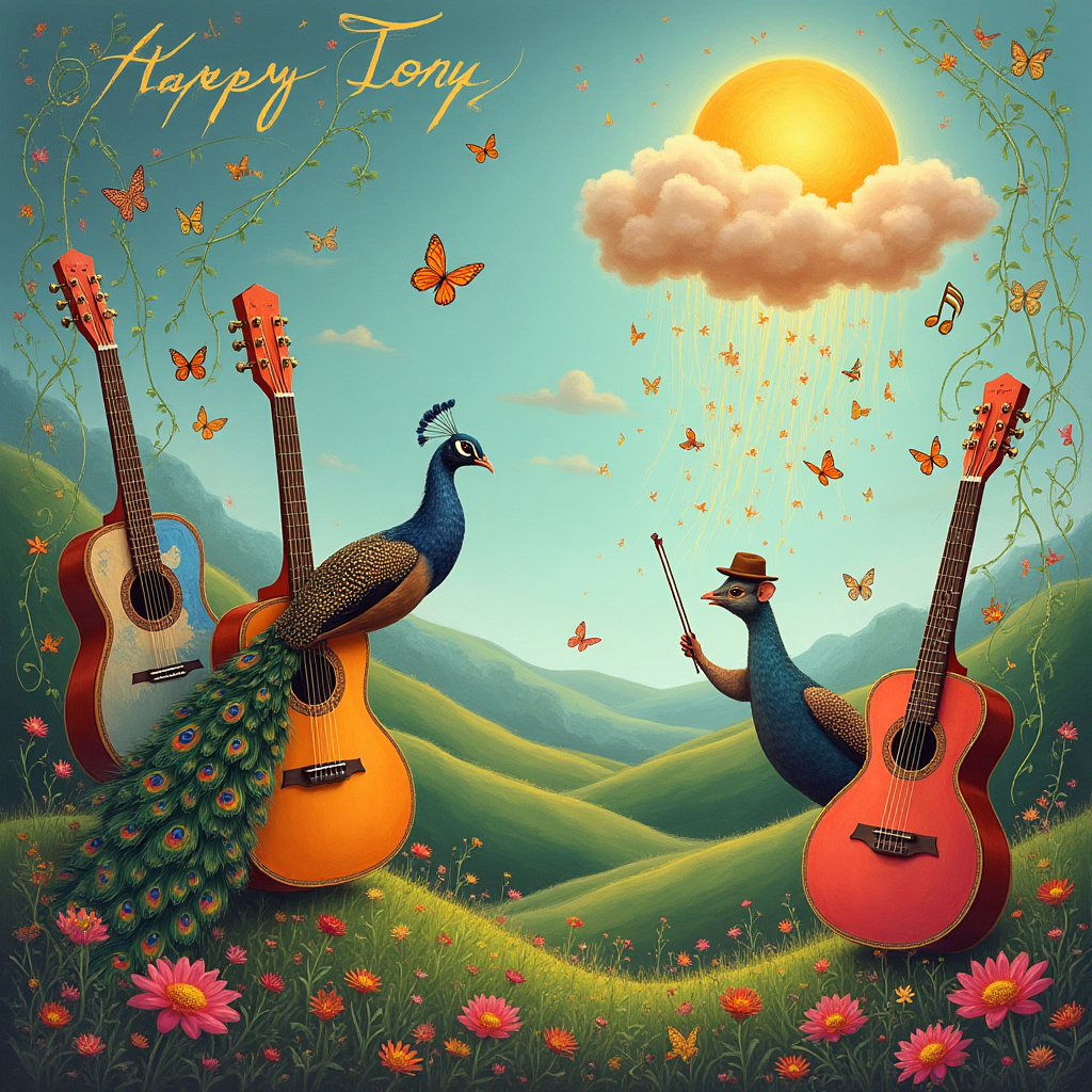 At the top of the Surreal Style image, in whimsical, flowing script: **Happy Birthday Tony**

**Image Description:**

A fantastical dreamscape unfolds where the strings of vibrant guitars weave through the air like tendrils of vines. Each guitar, adorned with delicate patterns, seems to hum a silent melody. Wildlife flourishes in this surreal setting: a peacock with iridescent plumage gracefully strums a guitar with its tail, while a tiny mouse, wearing a jaunty hat, taps a rhythm on a guitar's body.

In the sky, floating above a landscape of rolling hills that resemble musical notes, a quirky cloud shaped like a whimsical treble clef drifts by, casting soft shadows over the scene. The sun, in the shape of a giant golden disc, gently plucks at the guitar strings, sending shimmering notes cascading down like gentle rain.

Amidst this symphony of nature and sound, a band of butterflies with wings painted in vibrant hues resembling guitar picks, flutters about, adding splashes of color to this harmonious wonderland.

Caption: "Strum the strings of joy and let the music of your birthday play on!"
Generated with these themes: Guitars, Wildlife, and .
Made with ❤️ by AI.