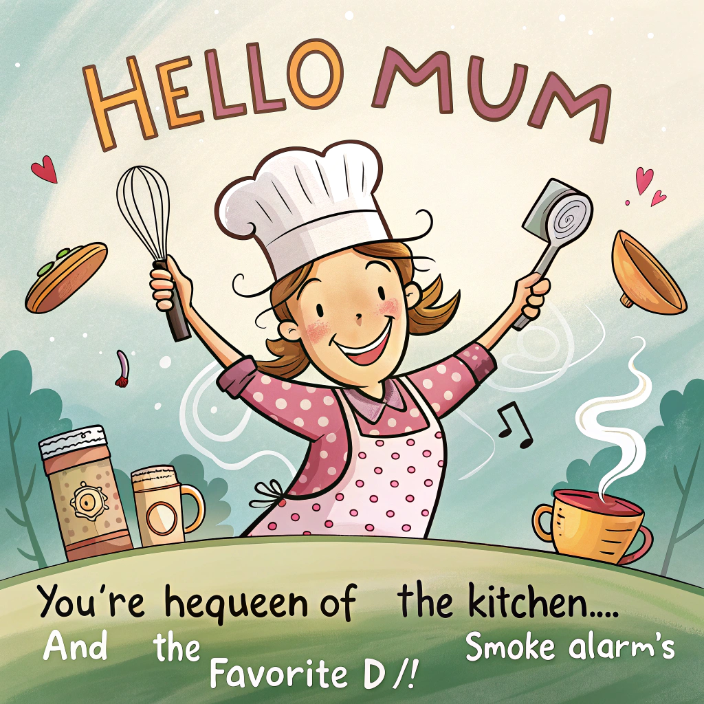 At the top of the image, "hello mum":

At the bottom of the image, "You're the queen of the kitchen... and the smoke alarm's favorite DJ!"

- In the center of the image, illustrate a playful cartoon scene featuring a cheerful mother with a chef's hat slightly askew, energetically juggling various kitchen utensils like spatulas, whisks, and pots. 
- In the background, a smoke alarm with a face is grooving to imaginary music notes, adding a whimsical touch to the scene. 
- The colors are bright and lively, capturing the humor and chaos of a lively kitchen.
Generated with these themes: Cooking, and .
Made with ❤️ by AI.