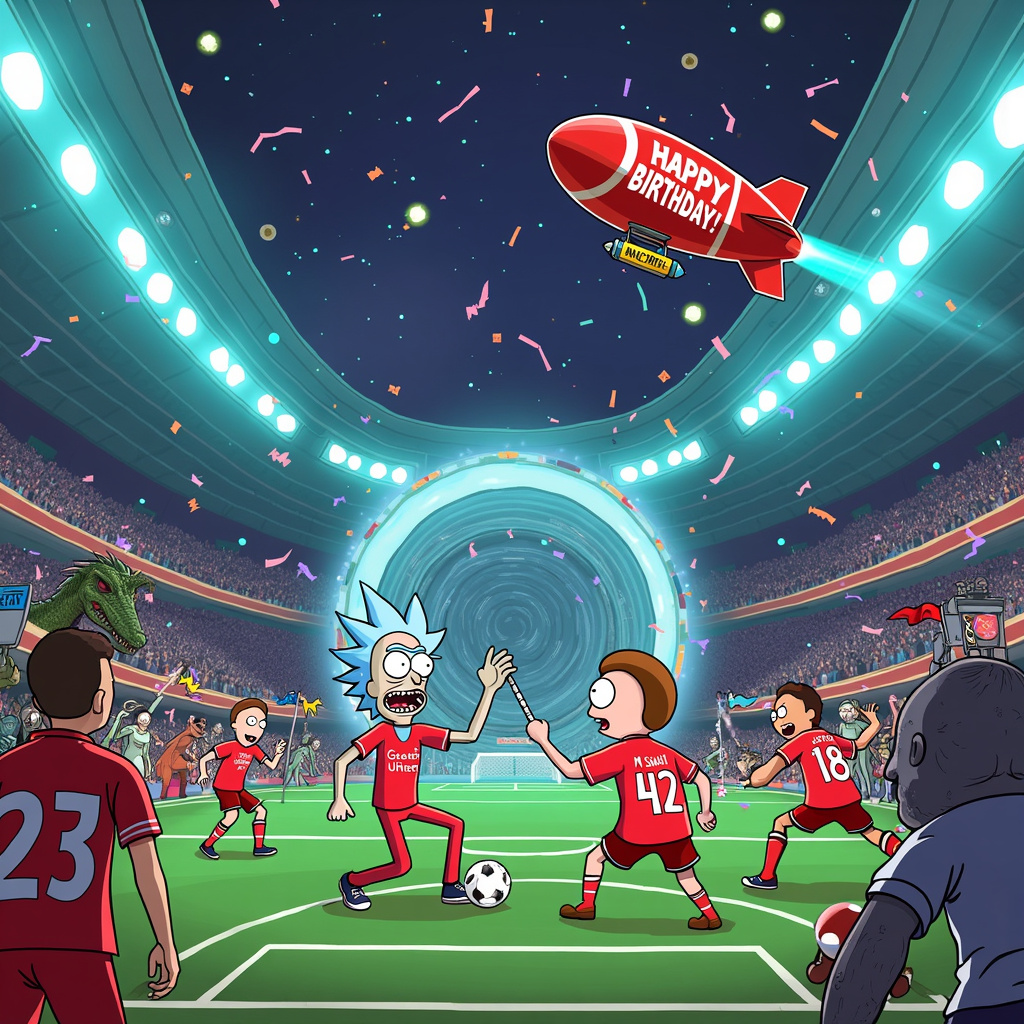 Alright, here's the scene for the birthday-themed greetings card:

---

Picture this vibrant, bustling scene: We're in an interdimensional stadium with a grand, futuristic twist, reminiscent of the ones seen in Rick and Morty. The stadium's structure is a mix of sleek, neon lights and bizarre alien architecture, with towering holographic screens flashing celebratory messages. The centerpiece of the stadium is an enormous, swirling portal at midfield, pulsating with bright blues and purples.

Front and center, we see Rick Sanchez, clad in a Liverpool FC jersey (with the number '137' on the back), holding a football with a comically oversized birthday candle sticking out of it. His wild, blue hair is even more unruly than usual, and he's mid-shout, presumably berating Morty or a nearby alien referee.

Next to Rick, Morty is nervously dribbling a football, also wearing a Liverpool FC jersey, though it looks a bit too large for him. His jersey has 'M-SMITH' and the number '42' on it. Morty's face is a mix of panic and determination as he tries to avoid a group of bizarre alien defenders with multiple eyes and tentacles, all wearing opposing team jerseys that say 'Galactic United.'

In the stands, a crowd of diverse, fantastical creatures are wildly cheering and waving Liverpool FC flags. There's a T-Rex with a foam finger, a three-eyed alien eating popcorn, and even a familiar face or two from other dimensions, like Birdperson and Mr. Meeseeks, all joining in the fun.

Overhead, a blimp in the shape of a giant Szechuan sauce packet (a nod to Rick's infamous obsession) floats by, trailing a banner that reads, "Happy Birthday!" in bold, red letters. Confetti cannons mounted on the blimp sporadically shoot out streams of red and white, matching Liverpool's colors.

To the side of the field, there's a bench where Liverpool FC's mascot, Mighty Red, is high-fiving a grumpy, yet slightly amused Jerry Smith, who’s decked out in Liverpool FC gear as well. Summer and Beth are sitting nearby, holding a giant birthday cake in the shape of a football, topped with icing caricatures of Rick and Morty.

In the background, towering over the stadium, is a giant scoreboard with holographic images of Rick and Morty in action poses, framed by celebratory fireworks and streamers. The scoreboard displays, “Happy Birthday, [Name]!” in an eye-catching, comic book-style font, blending the artistic influences of Charles Schulz and Bill Watterson.

---

This detailed scene should provide a vivid guide for the artist to create a lively, fun, and unique birthday greeting card that masterfully blends the worlds of Rick and Morty with the passion of Liverpool FC.
Generated with these themes: Rick and morty, Liverpool fc.
Made with ❤️ by AI.