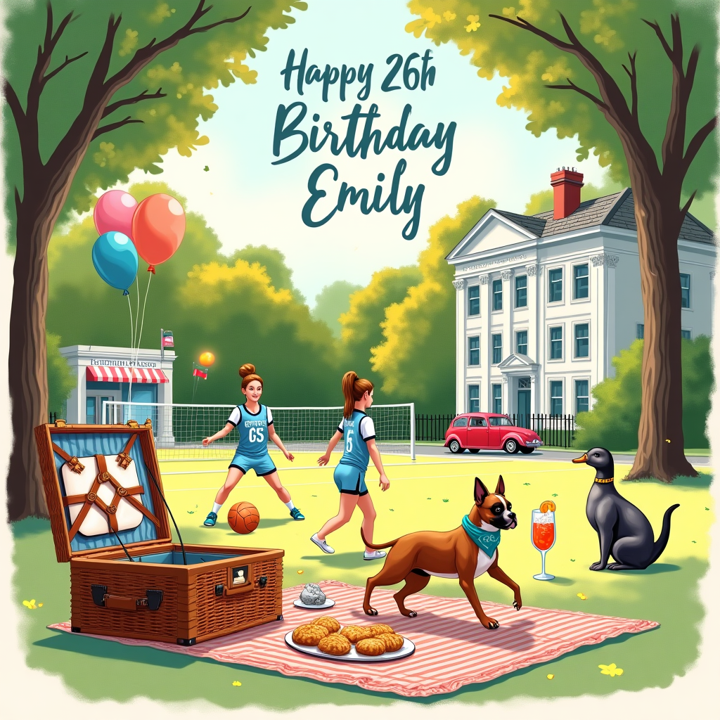 At the top of the Illustration Style image, “Happy 26th Birthday Emily” in warm, hand-lettered script, softly arched, deep teal with subtle gold-fleck highlights.

Hand-drawn illustration with fine linework, textured brush strokes, balanced composition, and a warm, expressive color palette. A sunlit, leafy city-park scene unfolds in late-afternoon glow. Center stage, a netball hoop and court: a focused girl with a high ponytail in a light blue kit takes a graceful shot, “GS” clearly lettered in white on her top. Beside her, a playful fawn boxer dog with a white chest and black mask springs on its hind legs, paws up toward a spare netball, wearing a sky-blue bandana.

In the foreground on a soft gingham blanket sits an open wicker Fortnum & Mason picnic hamper (neat label reading “Fortnum & Mason”). On display: rock cakes and golden pasties, each topped with a tiny pastry crab. A sparkling Aperol Spritz in a stemmed glass, ice and an orange slice catching the light. Near the blanket, a mallard duck with a tiny collar tag that reads “Jake” looks on, serene and curious.

Left midground: a charming ice cream shop with a striped awning and a hand-painted sign that says “CRAVE,” pastel tones glowing through the window. Right midground: a small red car parked with a cluster of celebratory balloons shaped as a 2 and a 6, gently bobbing. In the background, the grand white facade of The Lanesborough with its sign, elegant columns, and on the front step a dignified grey cat sits poised, tail curled.

Soft dappled light, painterly foliage, and gentle crosshatching add depth; hues of sky blue, apricot, coral, and cream keep the mood sincere and joyful.

At the bottom in a small, handwritten caption: “Here’s to net gains and sweet days.”
Generated with these themes: A girl with a pony tail playing netball wearing light blue with GS on her top, a boxer dog is also playing, a mallard duck called Jake is watching, an ice cream shop called Crave, a small red car with balloons with the number 26 on them, a Fortnum and Mason picnic basket with rock cakes and pasties with a small pastry crab on each, an Aperol Spritz cocktail drink, a grand white hotel called The Lanesborough with a grey cat on its doorstep, and .
Made with ❤️ by AI.