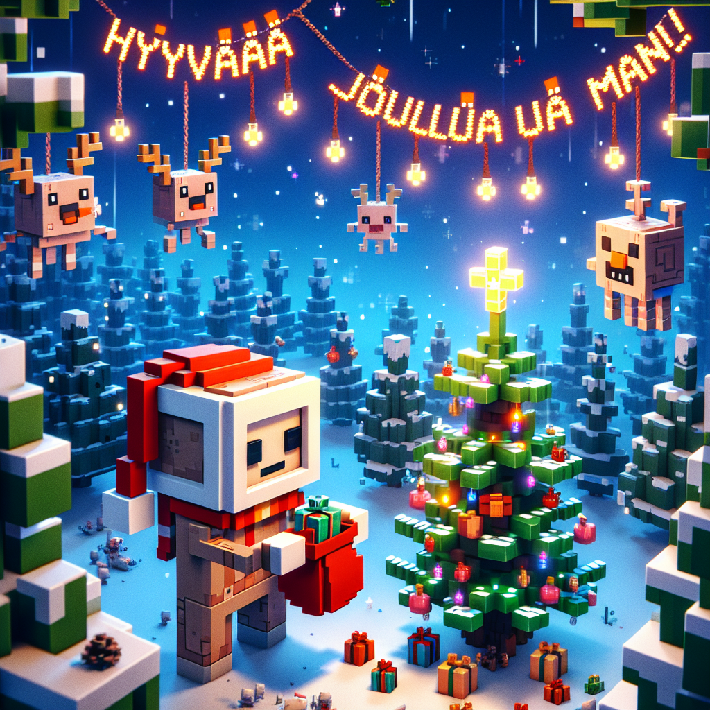 A Minecraft Santa stands in a wintery forest clearing, illuminated by the glowing lights of a small, decorated Christmas tree. Pixelated animals watch with curiosity as Santa opens his sack of gifts. Hanging from the branches above, ornaments spell out 'Hyvää joulua Manu!' against the backdrop of a starry night sky.
Generated with these themes: minecraft santa.
Made with ❤️ by AI.