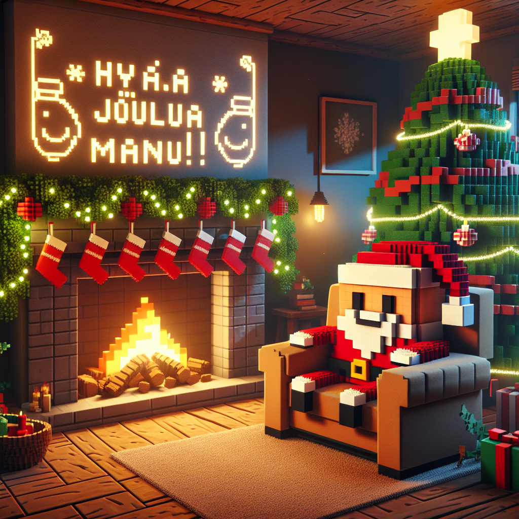 A warm, inviting living room scene unfolds, with a Minecraft Santa sitting comfortably in an oversized armchair by a crackling fireplace. Stockings hang from the mantel, and a lush Christmas tree, decorated with blocky ornaments, glows softly. 'Hyvää joulua Manu!' is written in festive script on the mantel, surrounded by holly and ivy.
Generated with these themes: minecraft santa.
Made with ❤️ by AI.