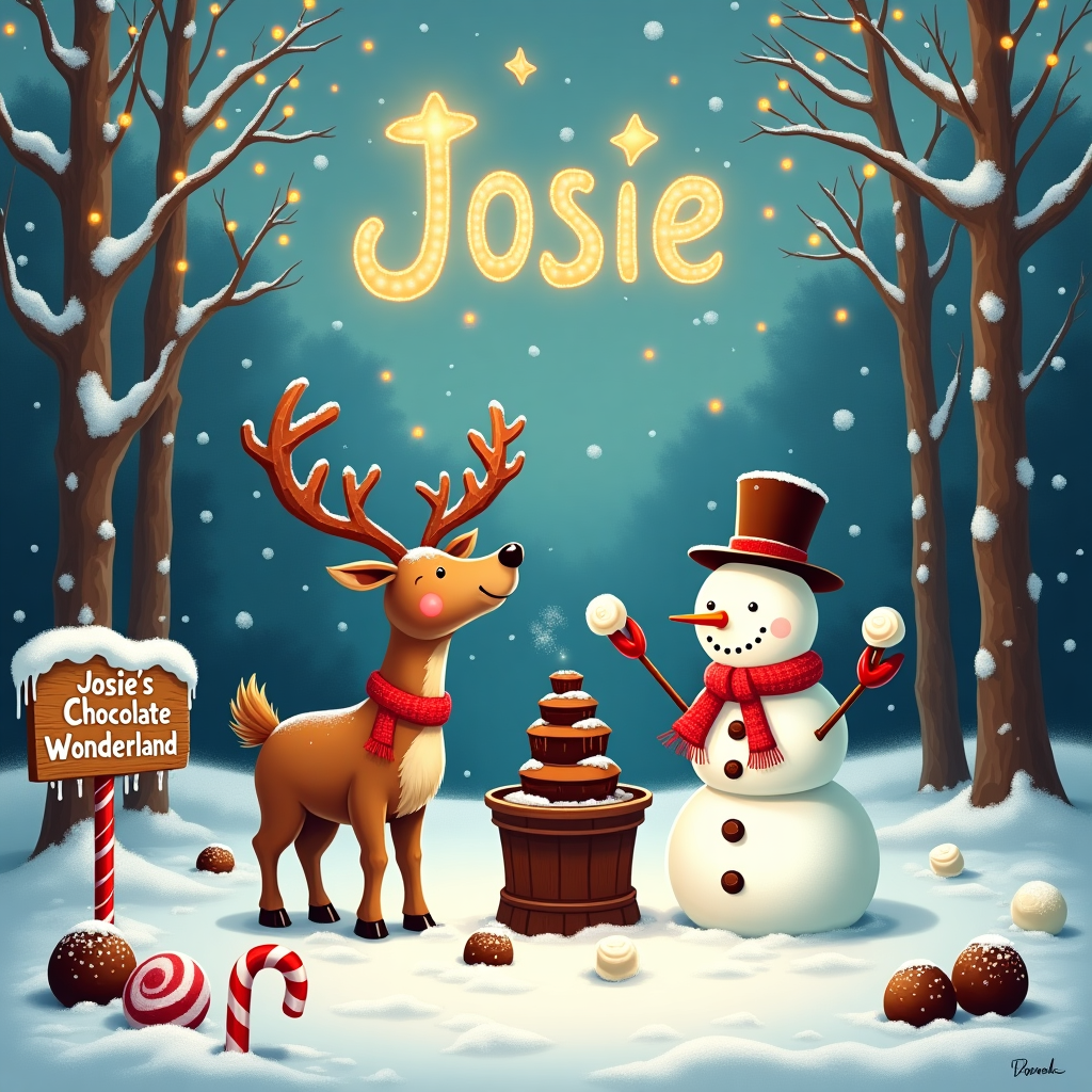 In a whimsical winter wonderland scene, imagine a lively, snow-covered clearing in the middle of a forest. The trees are adorned with twinkling fairy lights that cast a warm glow against the crisp snow. At the center, there is a group of cheerful reindeer wearing festive scarves and tiny, jingling bells around their necks, gathered around a chocolate fountain that seems almost as magical as them. They are delightfully dipping marshmallows into the fountain, and one particularly cheeky reindeer, with a mischievous grin, has chocolate smeared on its antlers.

Nearby, a snowman stands proudly, but not just any snowman. This snowman has been creatively stitched together with patches of different fabrics, giving it an eccentric and colorful appearance. Its buttons are made of different types of chocolates, and it sports a top hat that seems slightly too large for its head.

Above this playful scene, in the snowy sky, large fluffy clouds have parted to reveal the name "Josie" spelled out in twinkling star-like letters. These celestial letters shimmer and dance slightly, creating a sense of enchantment as if they have been placed there by a benevolent Christmas spirit.

Off to one side, a little wooden sign, dusted with snow and with icicles hanging from its edges, reads "Josie's Chocolate Wonderland" in bold, swirling letters, hinting that this magical scene has been set up just for her. All around, the ground is sprinkled with chocolate truffle 'rocks' and candy cane sticks peeking out of the snow like festive sentinels.

This delightful scene captures a blend of whimsy, winter cheer, and holiday sweetness, sure to bring a smile to Josie's face when she sees it on her Christmas greetings card.
Generated with these themes: Snow, Reindeer, Chocolate, and Stitch.
Made with ❤️ by AI.