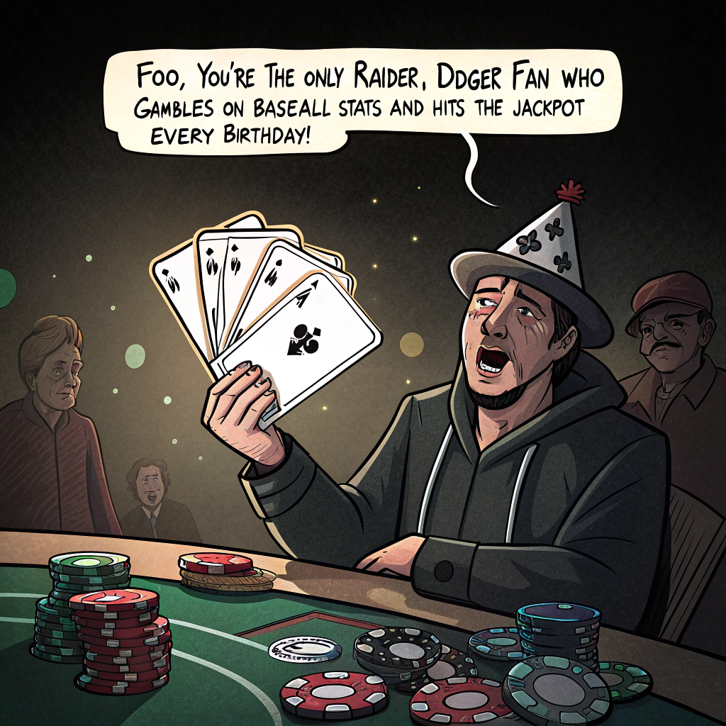 At the top of the realistic photograph image, "Foo, you're the only Raider-Dodger fan who gambles on baseball stats and hits the jackpot every birthday!"

- The scene depicts a high-stakes Las Vegas poker table in a dimly lit casino. At the center, Foo—played by a surprised guy with a party hat—holds a winning hand of oversized playing cards, but instead of card suits, they’re covered in a mashup of the Las Vegas Raiders logo and the LA Dodgers “Huntington” script logo.  
- The poker chips on the table are styled like mini birthday cakes with candles lit.
- Behind Foo, the slot machine in the background just landed on three logos—Raiders, Dodgers, and a giant frosted cupcake—signaling the ultimate win.  
- A glitzy Elvis impersonator dealer stands to the side holding a birthday balloon with a confused smirk.  
- The atmosphere has that lively casino energy mixed with silly birthday chaos.
Generated with these themes: Las Vegas Raiders logo and Los Angeles Dodgers “Huntington” logo.
Made with ❤️ by AI.
