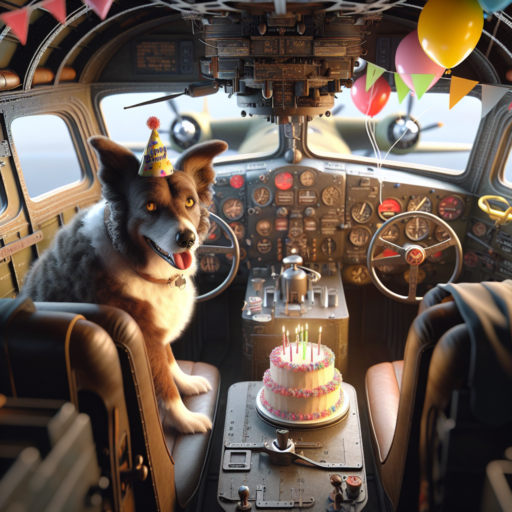 Render an image depicting a realistic border collie with a gentle expression, adroitly piloting an old-fashioned B-17 Flying Fortress. The aircraft's exterior glows with an air of authenticity and is adorned with fluttering, colorful birthday banners. Inside the cockpit, the scene exudes a festive atmosphere; a birthday party is being celebrated mid-air. Showcase a miniature birthday cake rested on the dashboard, encircled by an array of small, vibrant balloons that mirror the instrument panel's warm luminescence.
Generated with these themes: Border collie piloting a b-17 flying fortress.
Made with ❤️ by AI.