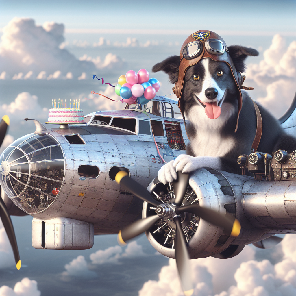 Border collie piloting a b-17 flying fortress Birthday Card