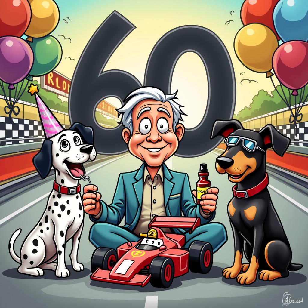 60th birthday male, Dalmatian , Long Eared Black and Tan dog, Formula 1, and Beavertown neck oil Birthday Card