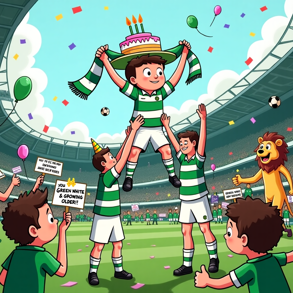 At the top of the illustration image: "Happy Bhirthday, Jackson – You’re more legendary than a last-minute winner at Celtic Park!"

Image Prompt:
A cartoon-style illustration featuring a birthday party happening right in the middle of Celtic Park. Jackson, dressed in a Celtic FC kit (green and white hoops), is being lifted into the air by cartoon versions of Celtic players, holding a giant birthday cake shaped like a football. One of the players is blowing a party horn shaped like a vuvuzela, and another is draping a green and white Celtic scarf around Jackson’s shoulders.

In the background, the stadium is full of Celtic supporters holding up signs that say "You’ll Never Cake Alone" and "Green, White & Growing Older!" Balloons in team colours (green and white) are floating everywhere, and a giant mascot dressed as a smiling Celtic lion is kicking confetti onto the crowd. The whole image has a playful, celebratory energy with cheeky Celtic puns sprinkled throughout signs, party hats, and banners.
Generated with these themes: Celtic Fc.
Made with ❤️ by AI.