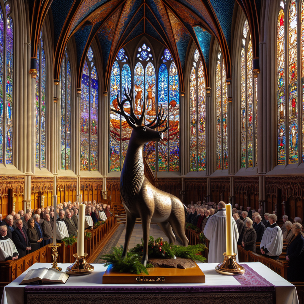 Inside a tranquil cathedral with stained glass windows casting colorful patterns upon the somber congregation, a realistic Christmas service is in progression. At the altar, a polished sculpture of Marmo the reindeer looks out with a dignified air, and just below it, 'Luxstone - Natale 2023' is scripted on a banner that drapes elegantly across the pulpit.
Generated with these themes: Marmo.
Made with ❤️ by AI.