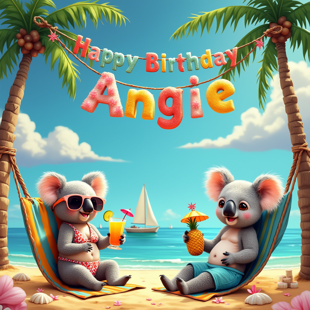 Koala , Beach, and 2 Koala sunbathing, one wearing bikini one wearing swimming trunks drinking cocktails with Happy Birthday banner Birthday Card