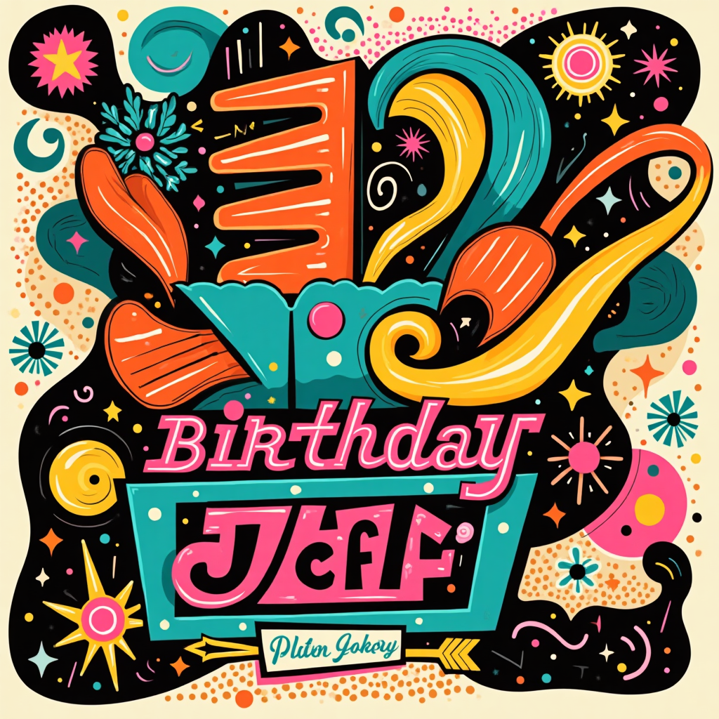 At the top of the Abstract Style image, Happy Birthday Jeff!

Bold, funny abstract homage to The B-52’s: high-contrast neon palette (electric turquoise, hot pink, banana yellow, tangerine, jet black, crisp white). Big geometric shapes and fluid curves collide like a kitschy go-go dance floor—stacked beehive ovals and spirals, angular red “rock lobster” claw motifs with candle-stick lines, a looping lime ribbon-road spiraling into a vinyl-record circle, boomerang swooshes, atomic starbursts, wavy checker stripes, halftone dots, and confetti. Suggest a glowing retro arrow and a tiny shack roof icon (no extra text) to nod to “Love Shack.” Dynamic brush-stroke textures over crisp vector edges; playful, joyous motion and humor.

Typography:
- Main line at the top: chunky retro 60s sign lettering, hot pink with teal drop shadow, clean and legible against darker shapes.
- Small cheeky caption near the bottom in a playful script, cream on black: “Meet me at the Cake Shack, baby!”

Portrait orientation, large central abstract cluster with breathable negative space, vivid lighting, no border, emphatically celebratory.
Generated with these themes: The B-52's , and .
Made with ❤️ by AI.