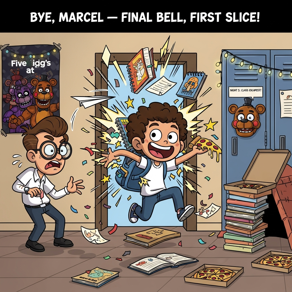 Annoying his teacher , Notebooks, Graphic novels, Five Nights at Freddie's , Pizza, and Farewell Card