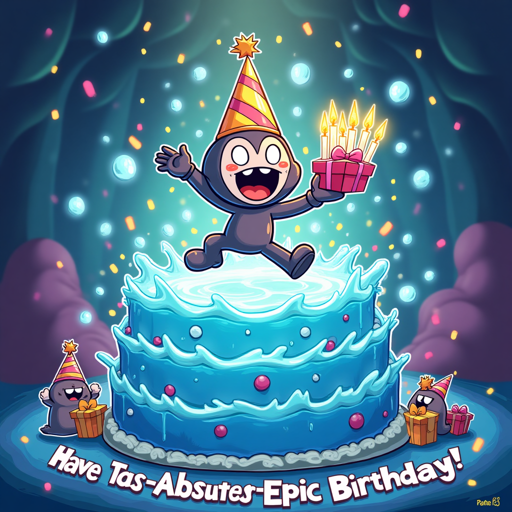 Cartoon-style, playful chibi Skirk (Genshin) bursting out of a shimmering Abyssal water portal that’s comically shaped like a multi-tier birthday cake, watery tiers stacked like frosting, splashes sparkling; Skirk in an energetic mid-leap pose with a mischievous grin, tilted party hat, one hand conjuring glowing hydro blade-candles that pop onto the cake, the other steadying a wobbling stack of gift boxes; confetti, streamers, and bubbly blue balloons swirl around; a couple of tiny hydro slimes in party hats cheer from the base of the cake; background: whimsical, bright “Abyss” cavern with soft bioluminescent bubbles—fun, not scary; thick black outlines, exaggerated proportions, bold cel shading, saturated palette (aqua, electric blue, teal, magenta, lemon yellow), chunky highlights, dynamic motion lines; vertical composition, large central figure; include a small caption at the bottom in chunky bubble lettering with a dark outline: “Have an Abyss-olutely Epic Birthday!”; high resolution, clean linework, no other text, no watermark.
Generated with these themes: Genshin Skirk, and .
Made with ❤️ by AI.